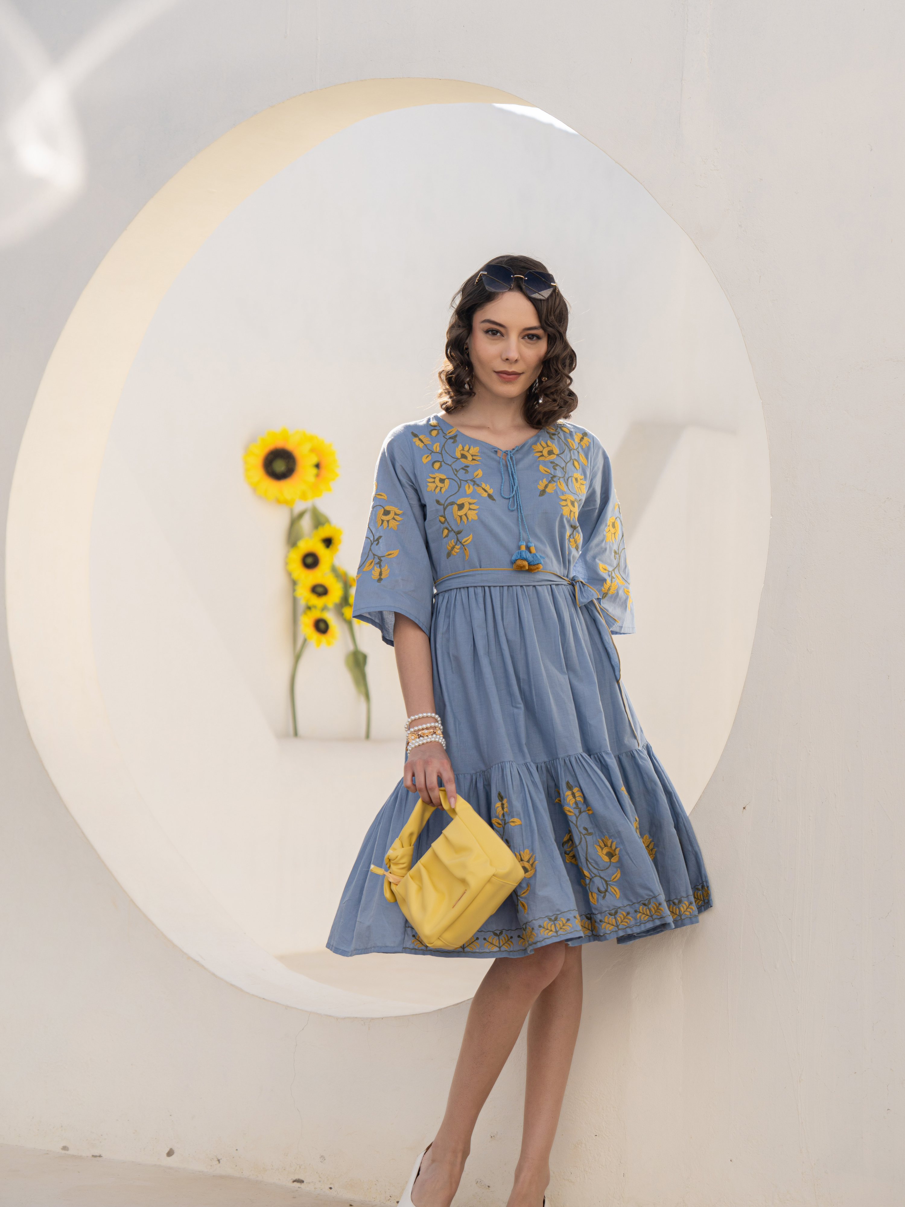 ZEHRA BLUE SUNFLOWER THREADWORK DRESS