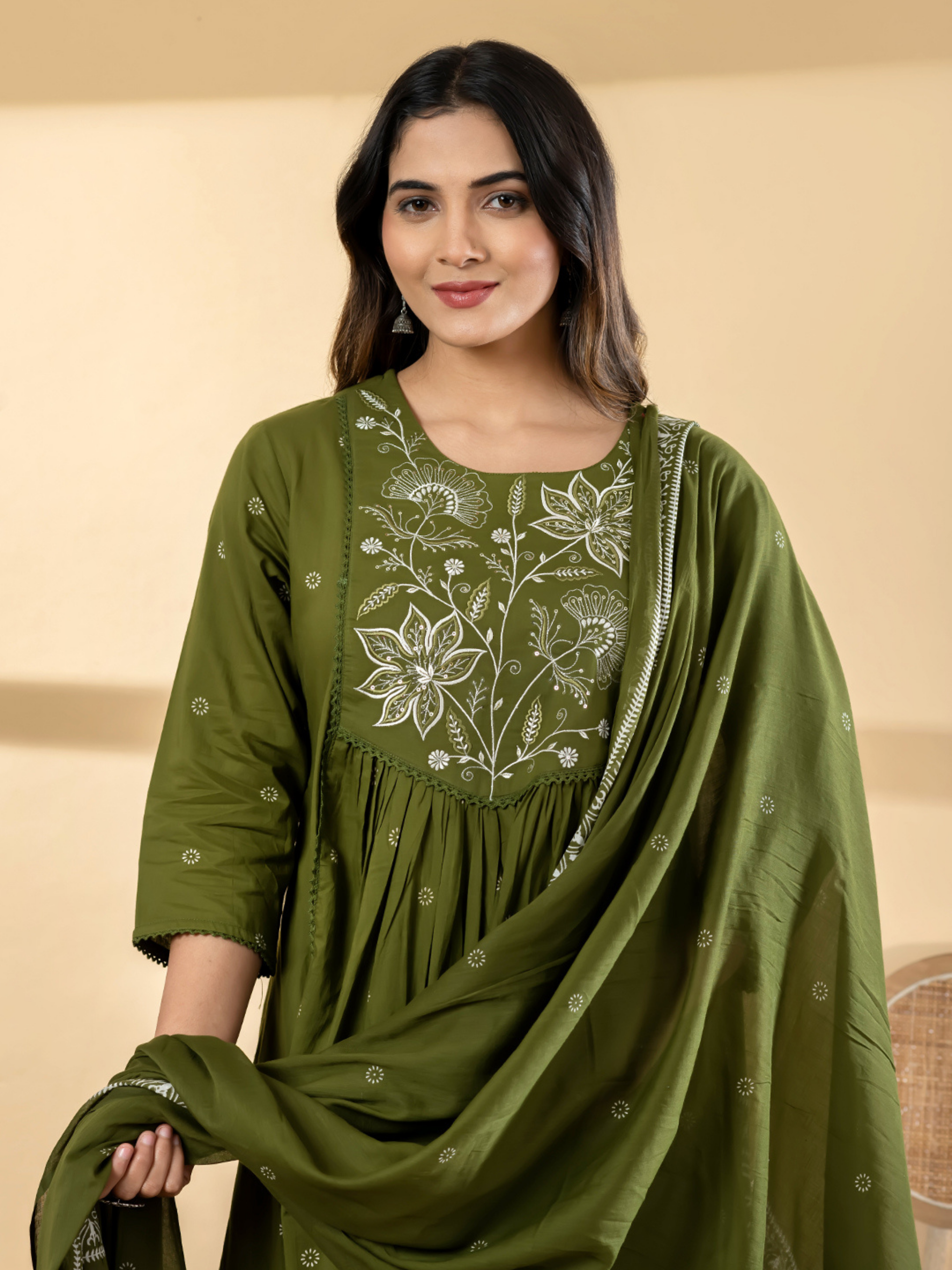OLIVE GREEN EMBROIDERED ANARKALI SUIT SET