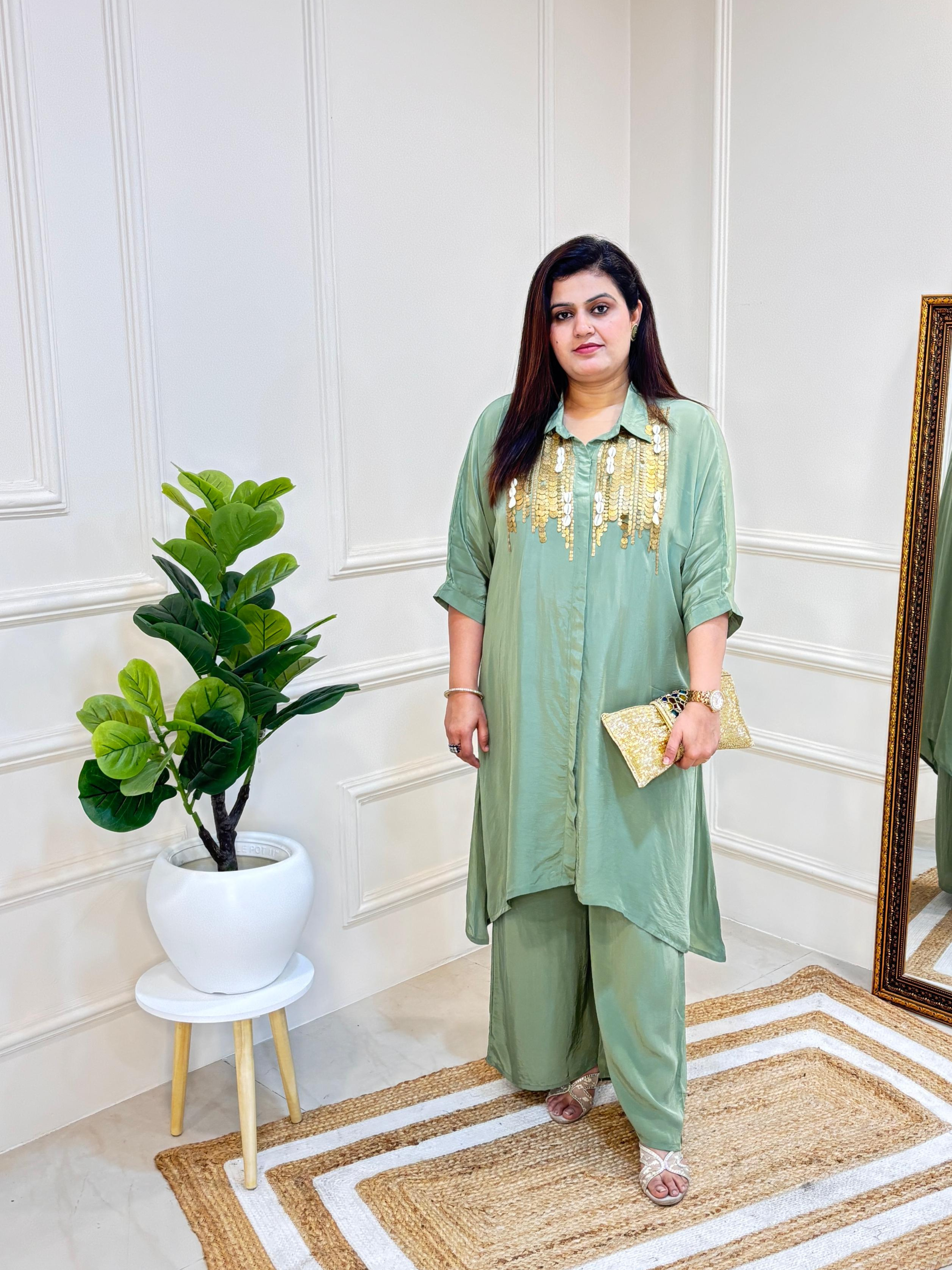 SAGE GREEN EMBELLISHED FLOWY CO-ORD SET