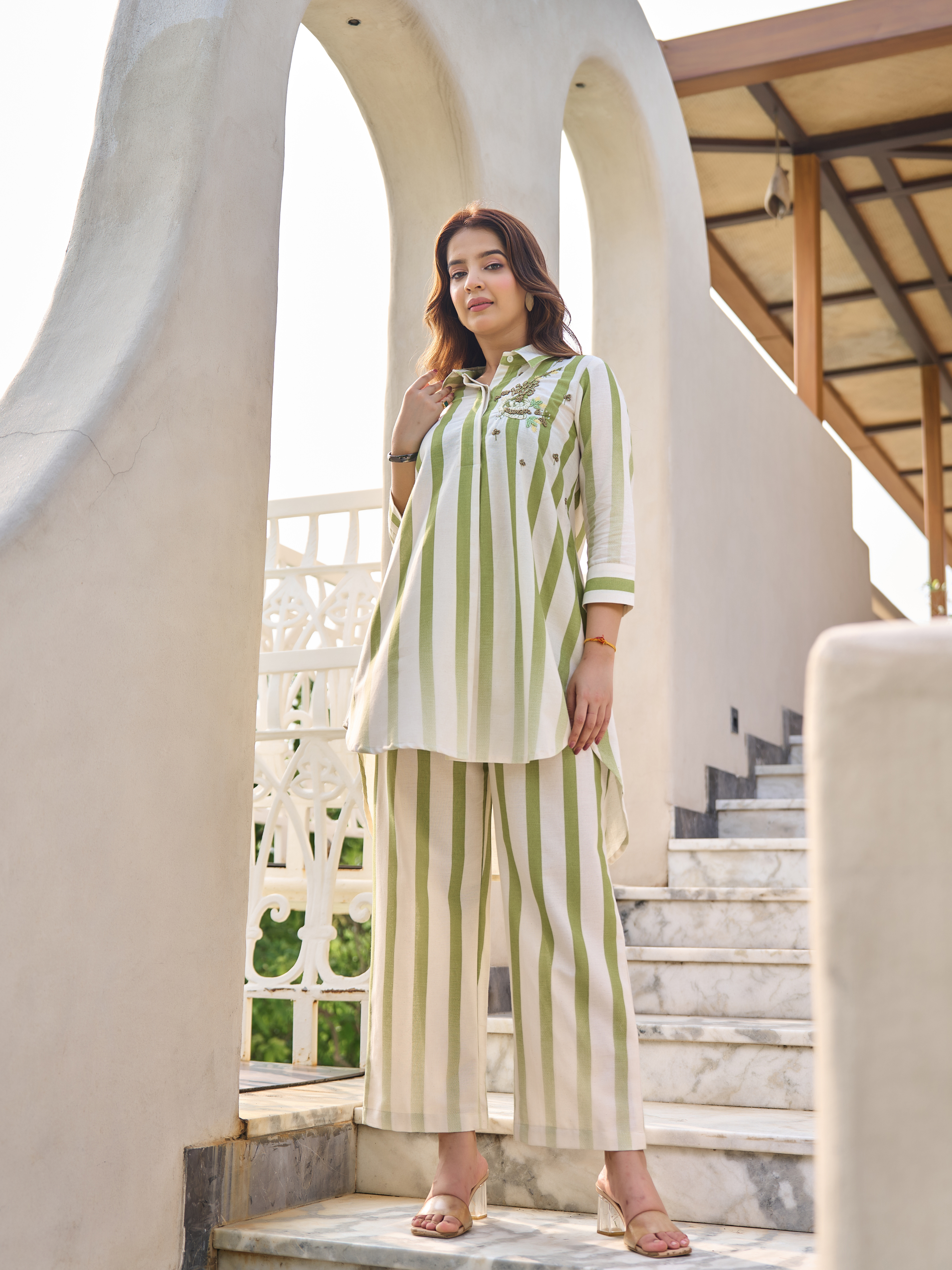 SANA STRIPED EMBROIDERED CO-ORD SET