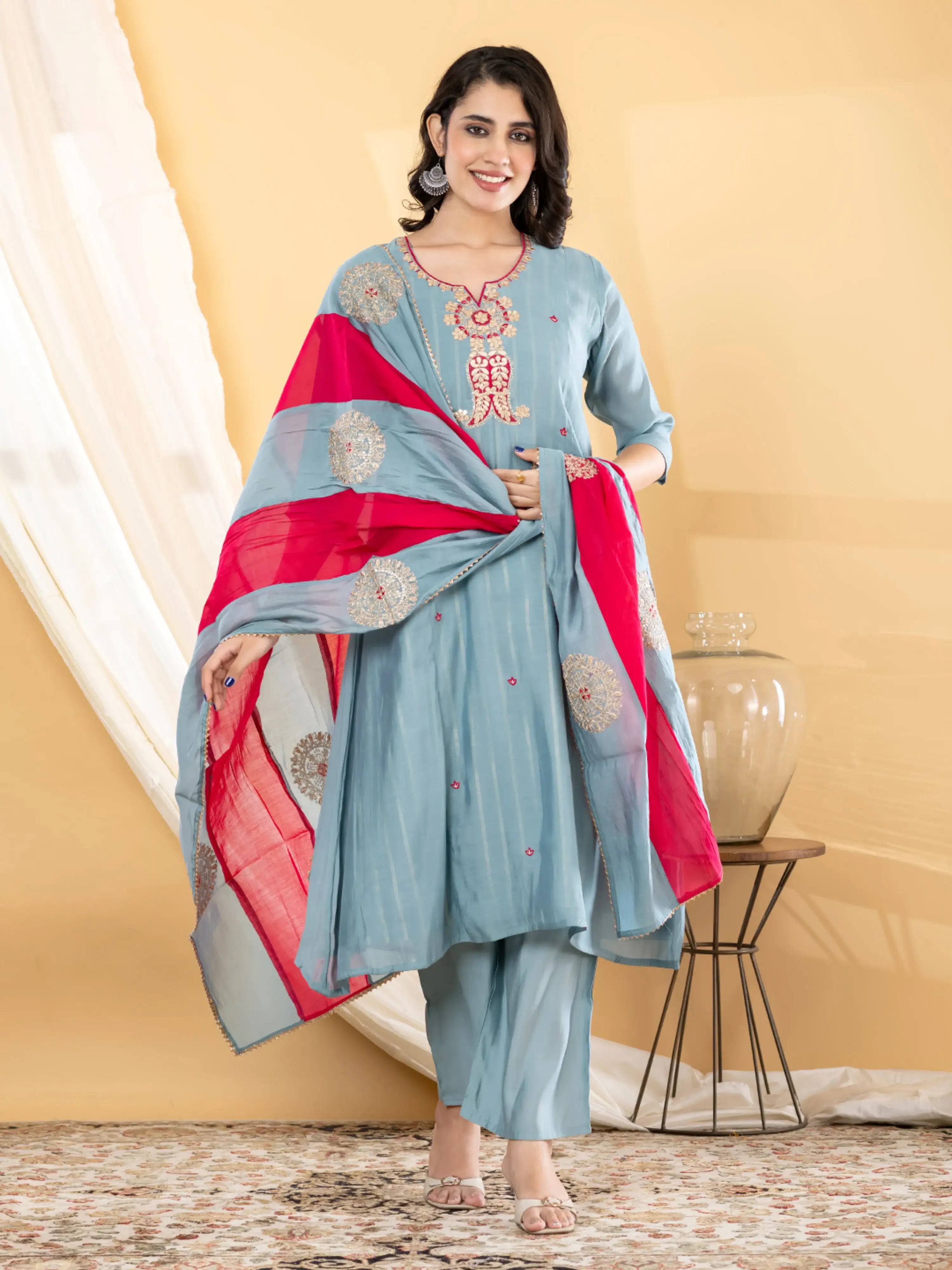 SKY BLOOM EMBROIDERED PURE BANARSI MUL CHANDERI SUIT SET