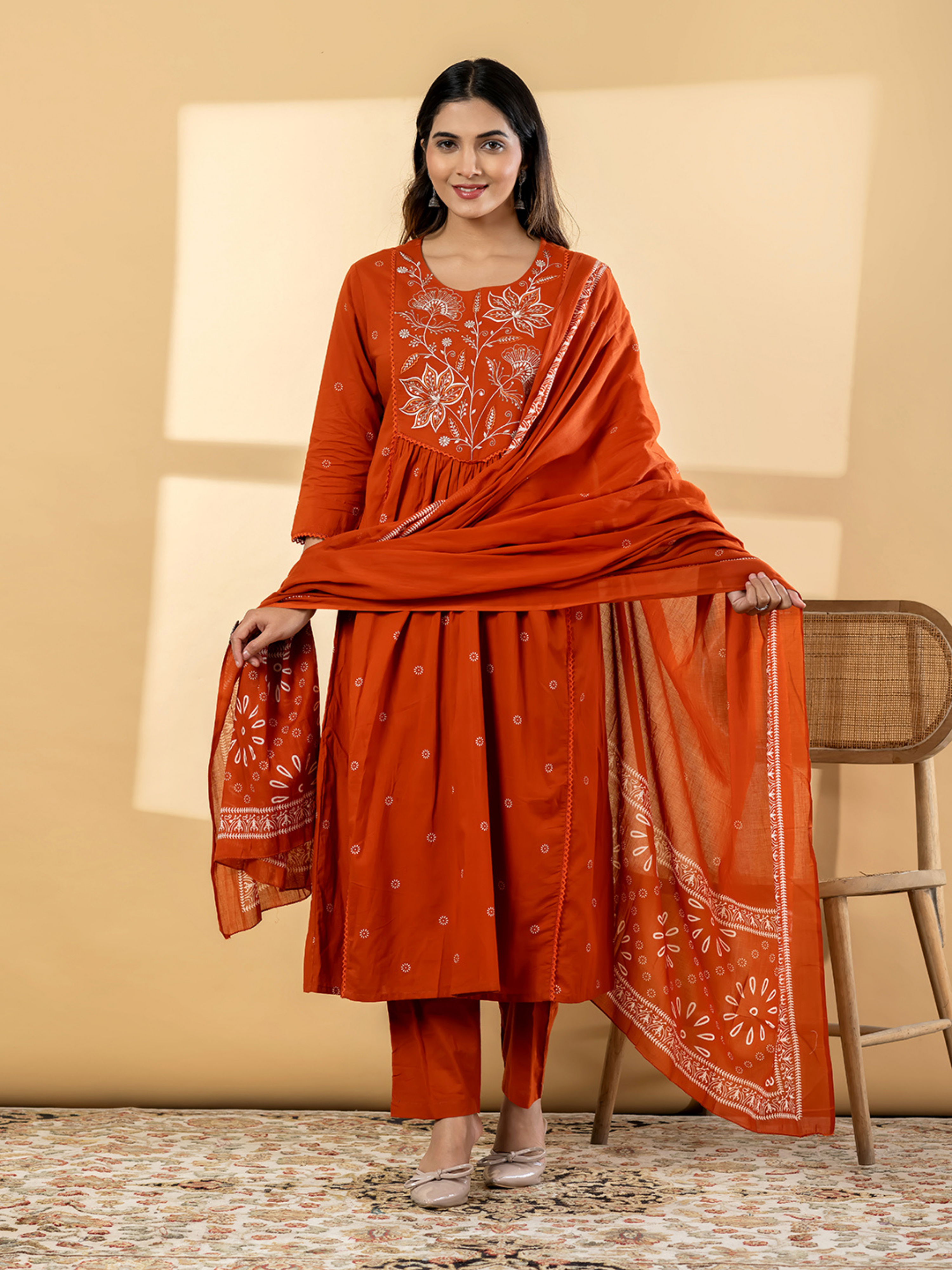 RUST ORANGE EMBROIDERED ANARKALI SUIT SET