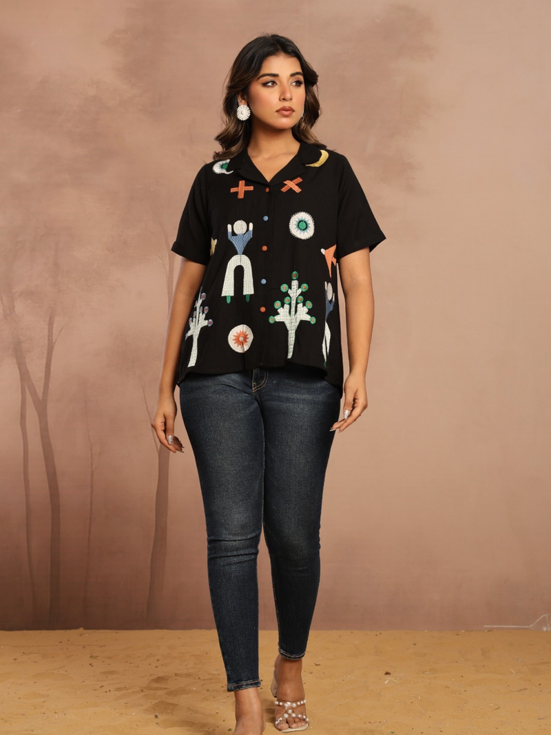 BLACK ABSTRACT PRINTED SHIRT TOP