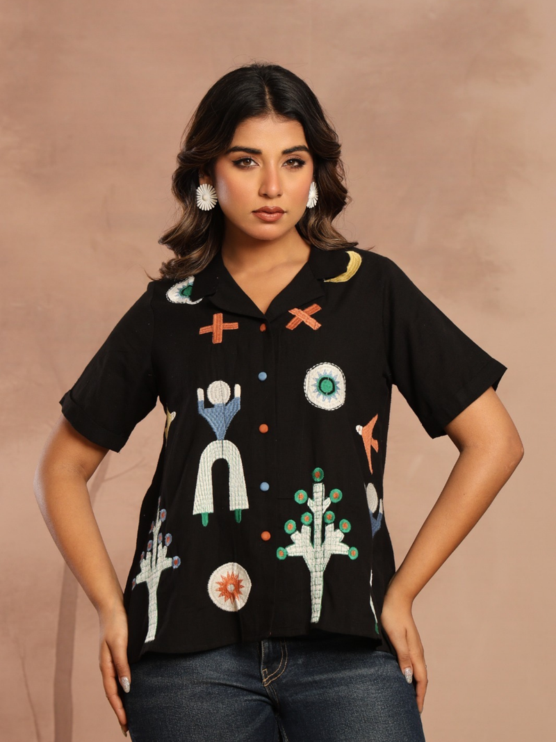 BLACK ABSTRACT PRINTED SHIRT TOP
