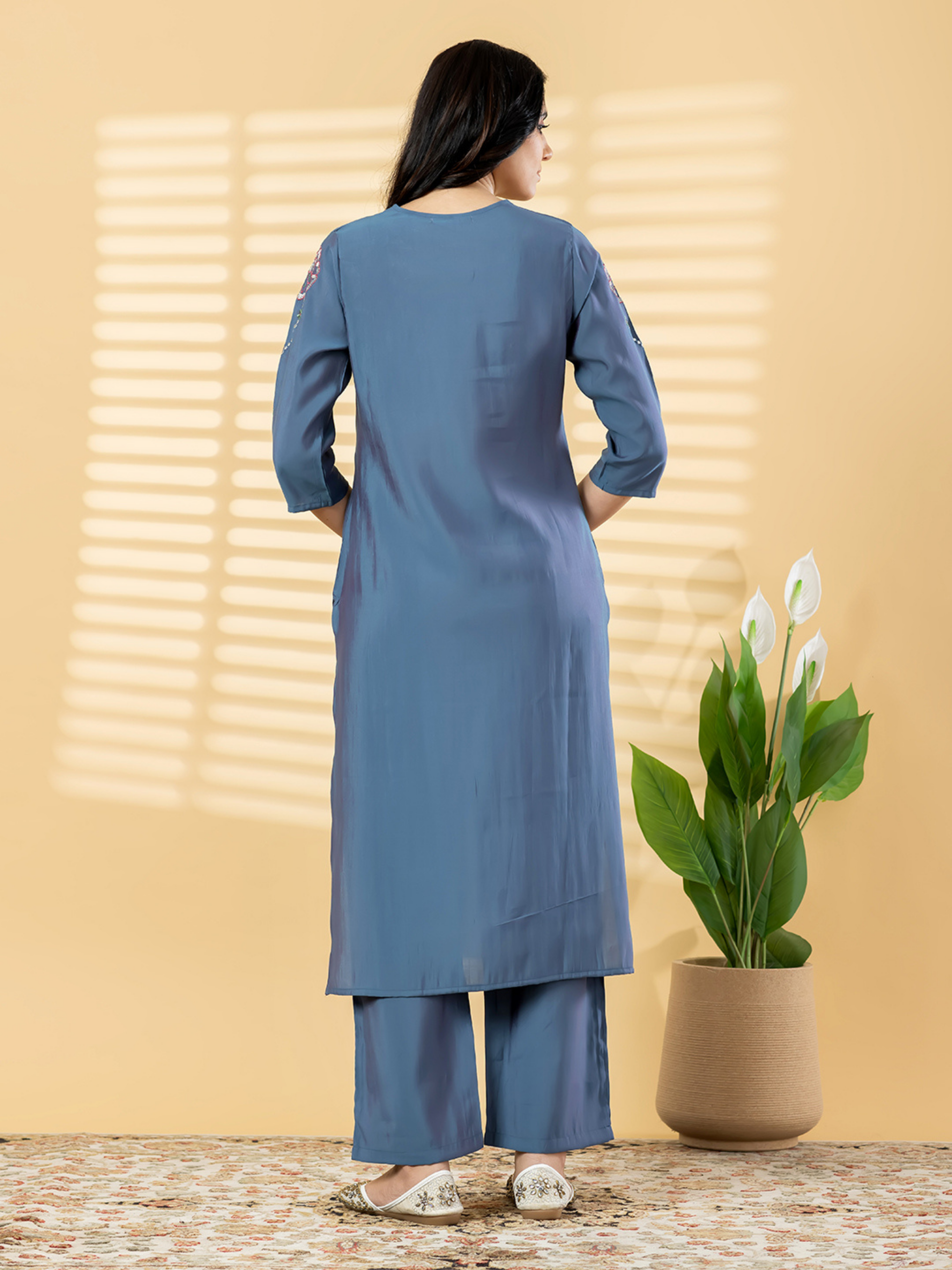 STEEL BLUE FLORAL EMBROIDERED KURTA SET