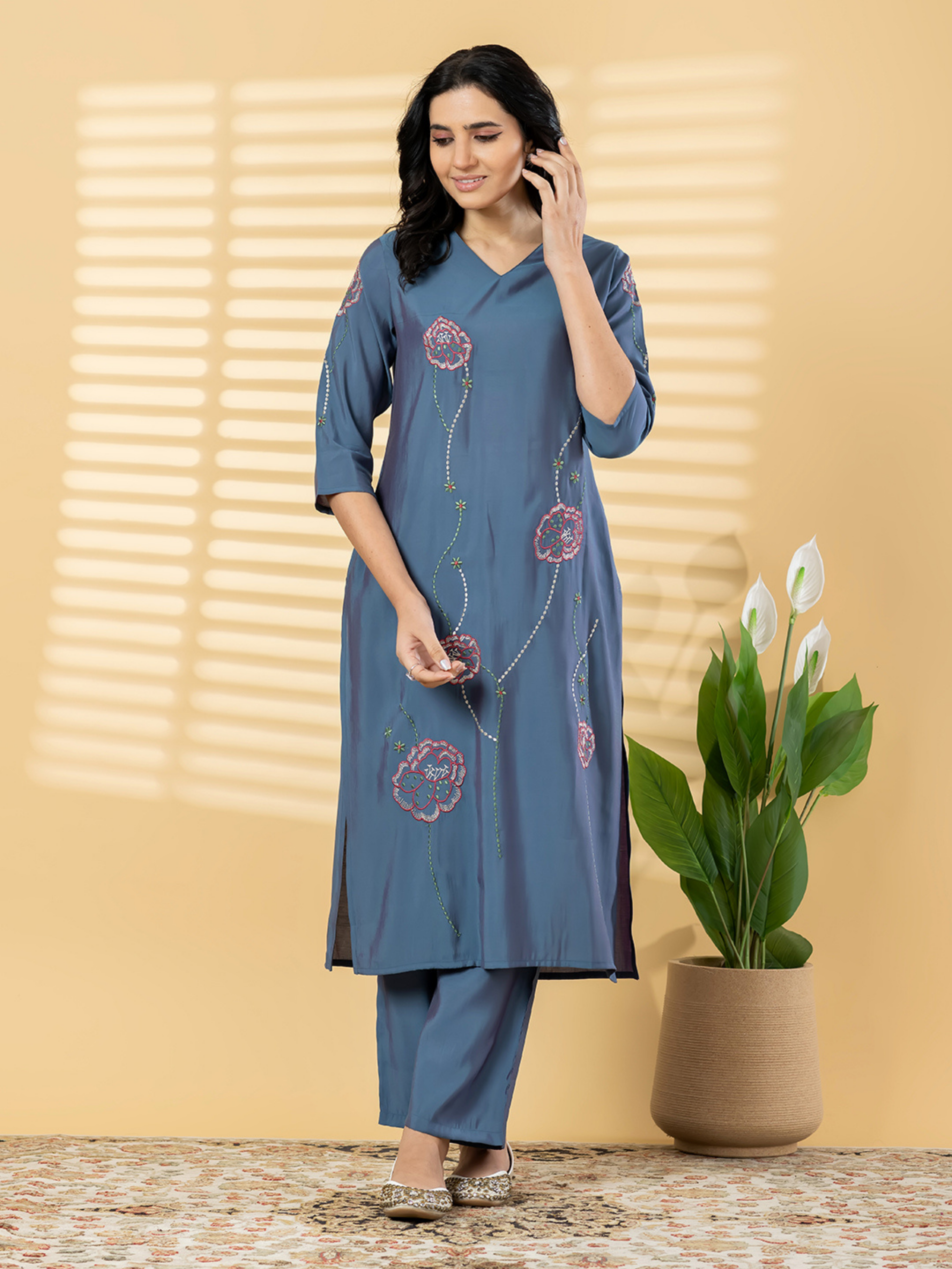 STEEL BLUE FLORAL EMBROIDERED KURTA SET