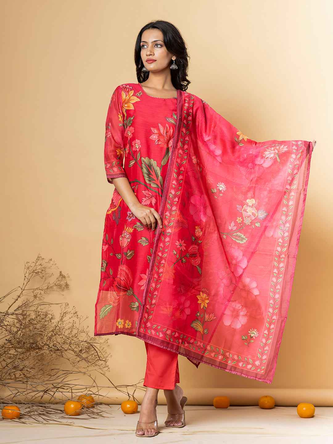 RED FLORAL SILK SUIT SET