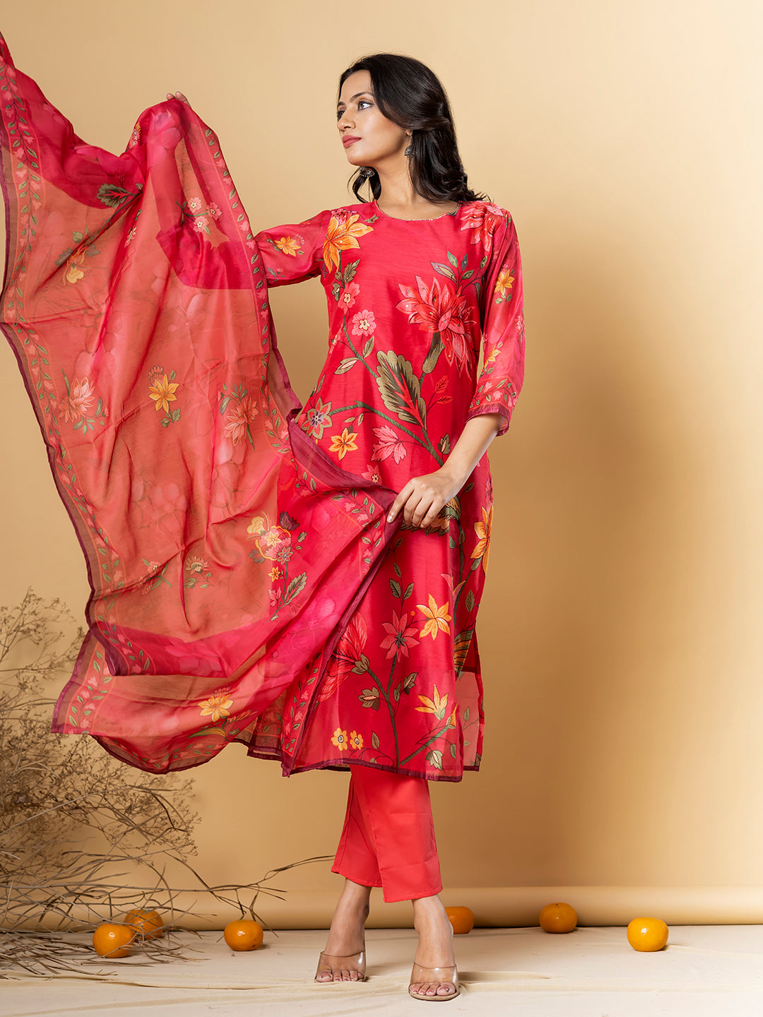 RED FLORAL  SILK  SUIT SET