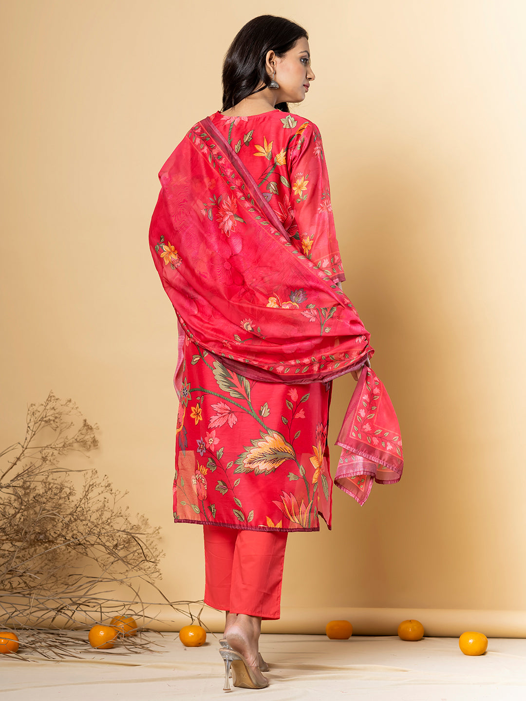 RED FLORAL  SILK  SUIT SET