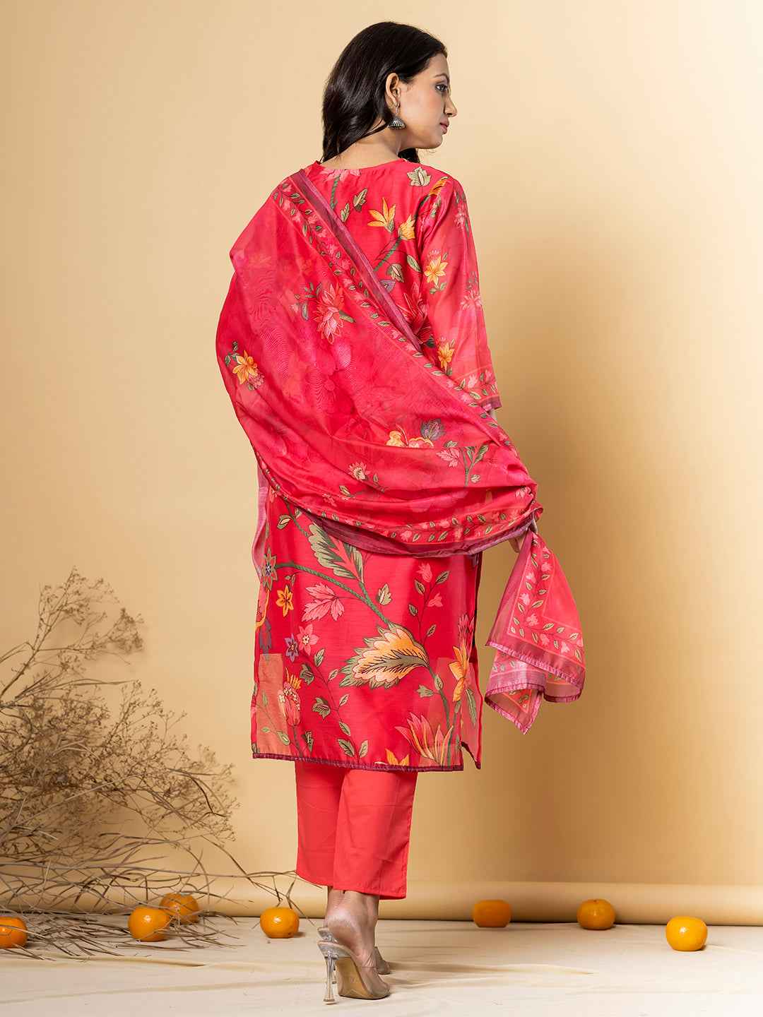 RED FLORAL SILK SUIT SET