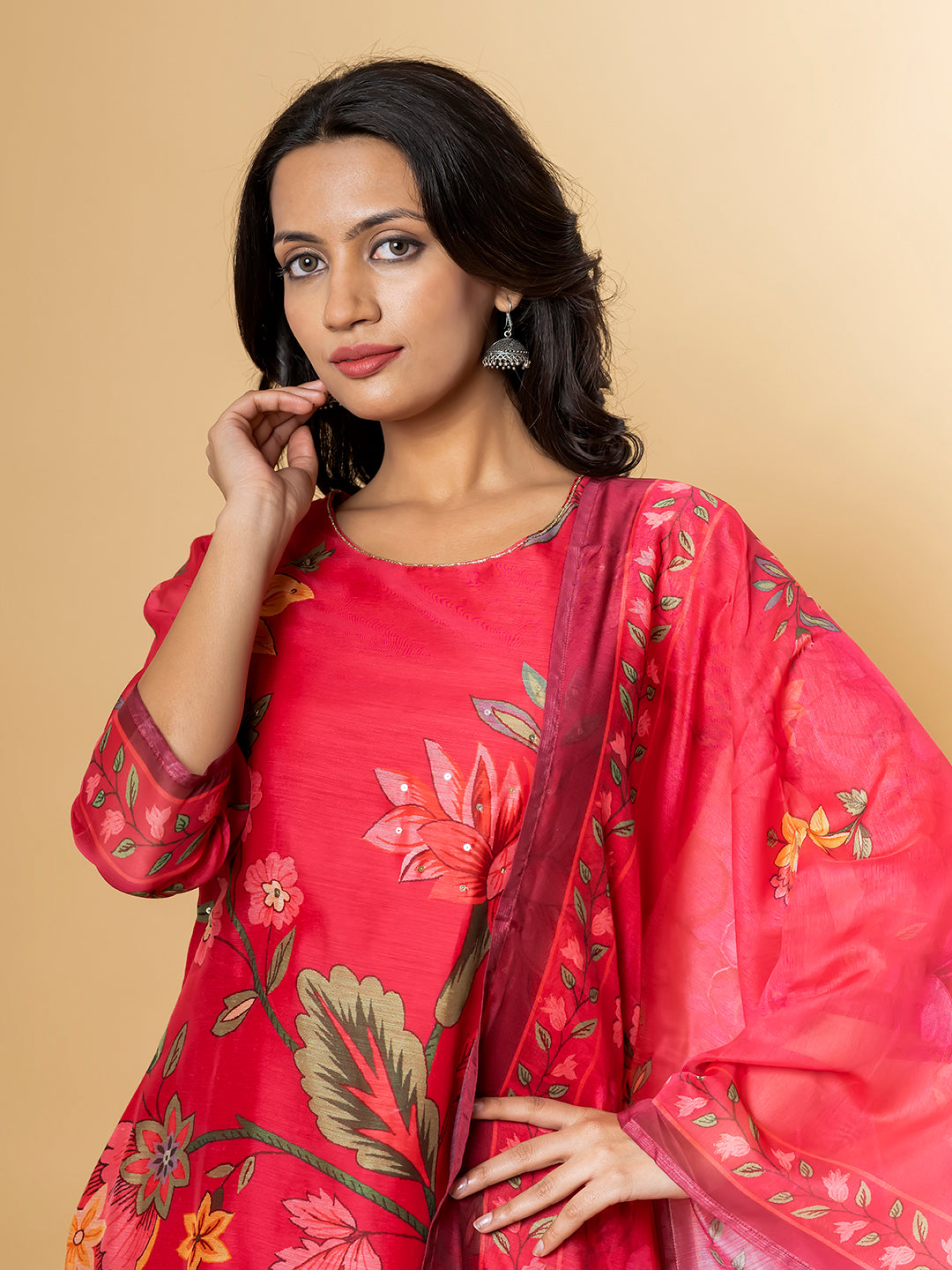 RED FLORAL  SILK  SUIT SET