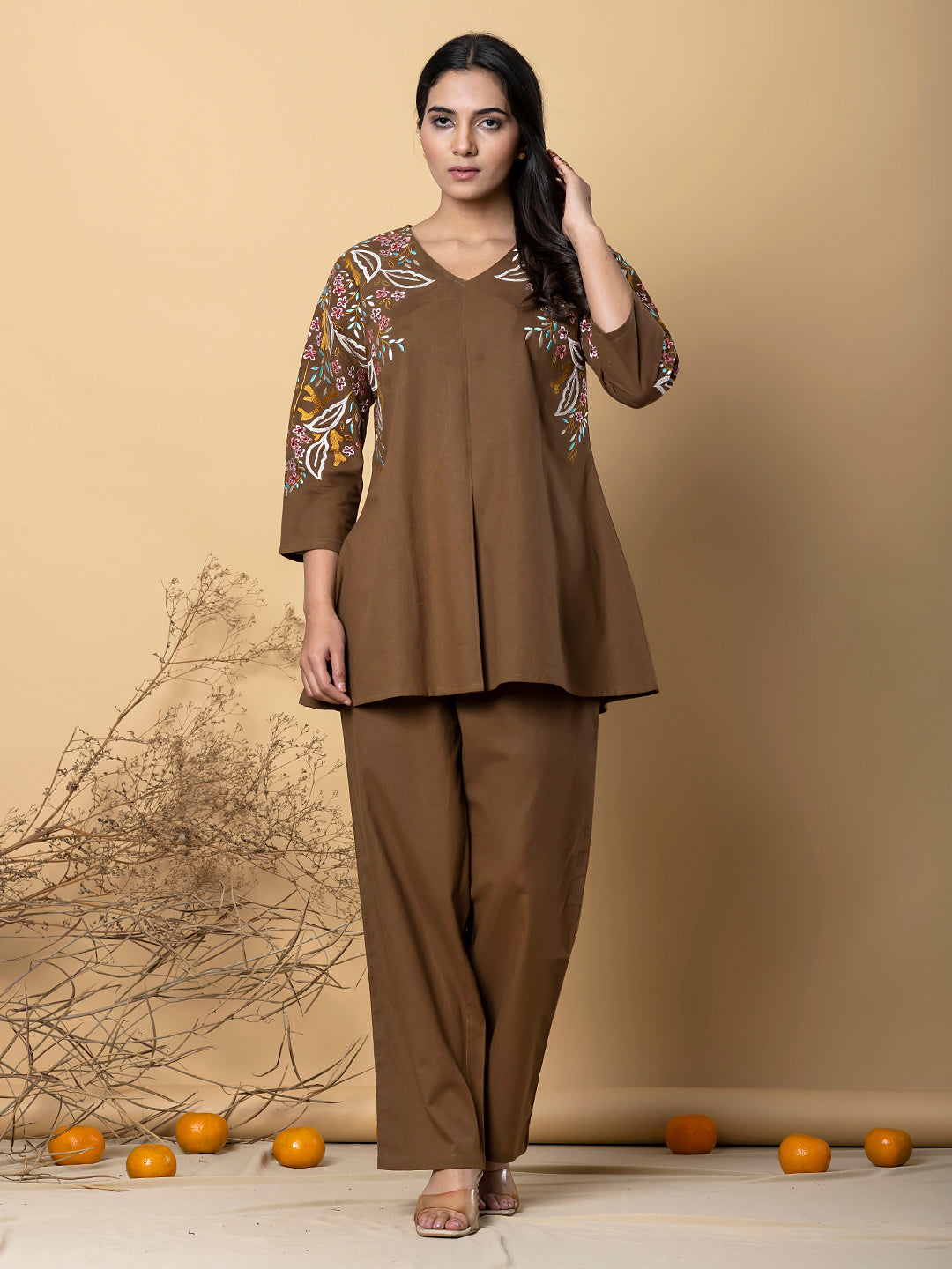 COFFEE  BLOOM EMBROIDERY  COTTON CO-ORD SET