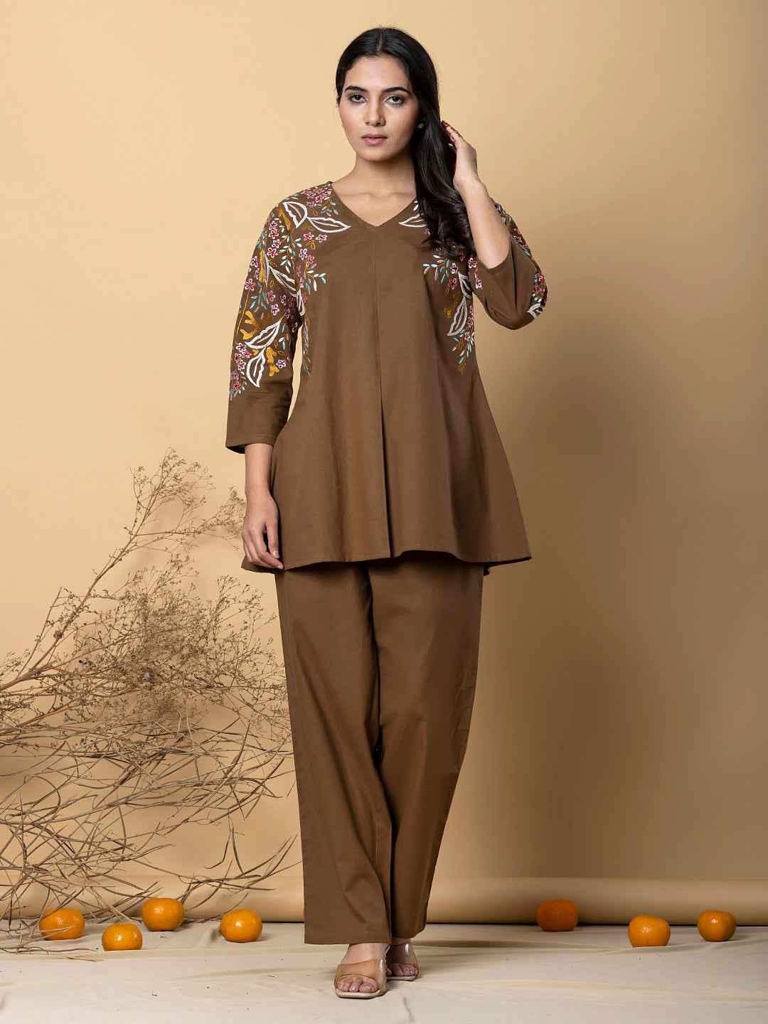 COFFEE BLOOM EMBROIDERY COTTON CO-ORD SET
