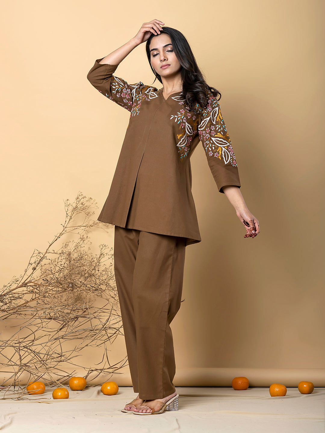 COFFEE  BLOOM EMBROIDERY  COTTON CO-ORD SET