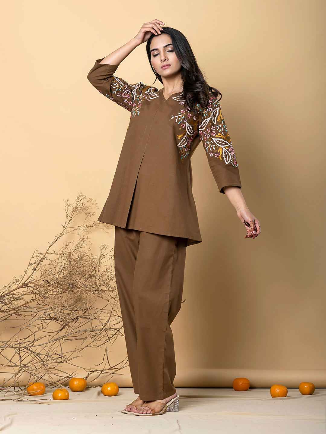 COFFEE BLOOM EMBROIDERY COTTON CO-ORD SET