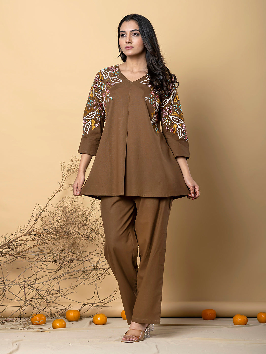 COFFEE  BLOOM EMBROIDERY  COTTON CO-ORD SET