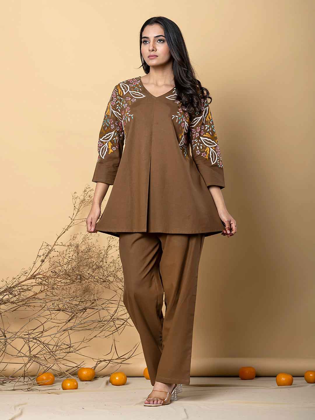COFFEE BLOOM EMBROIDERY COTTON CO-ORD SET