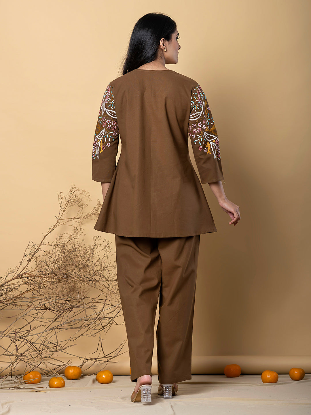 COFFEE  BLOOM EMBROIDERY  COTTON CO-ORD SET
