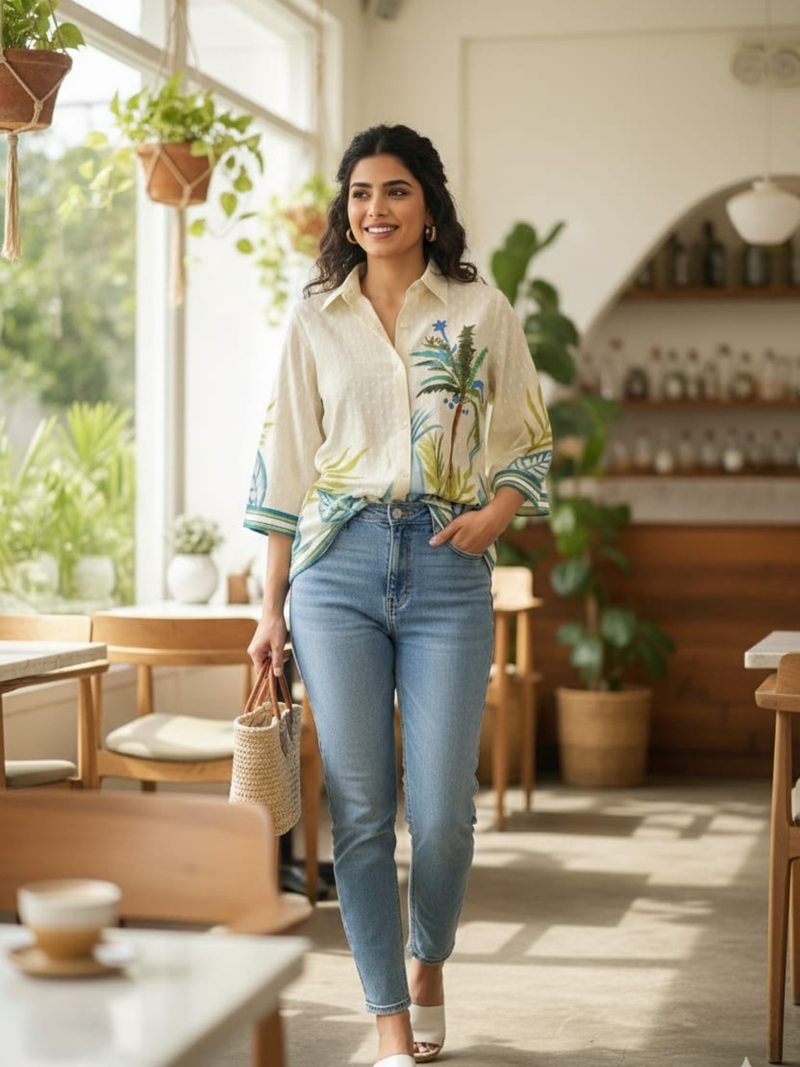 SUNNY PALM PRINTED LINEN COTTON SHIRT TOP