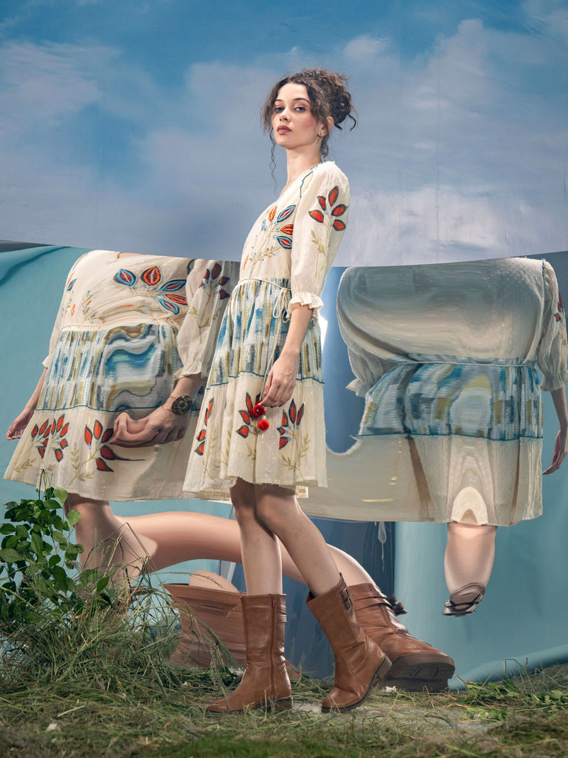 SAKURA BOHO BLOOM PEARLS WORK PURE COTTON DRESS