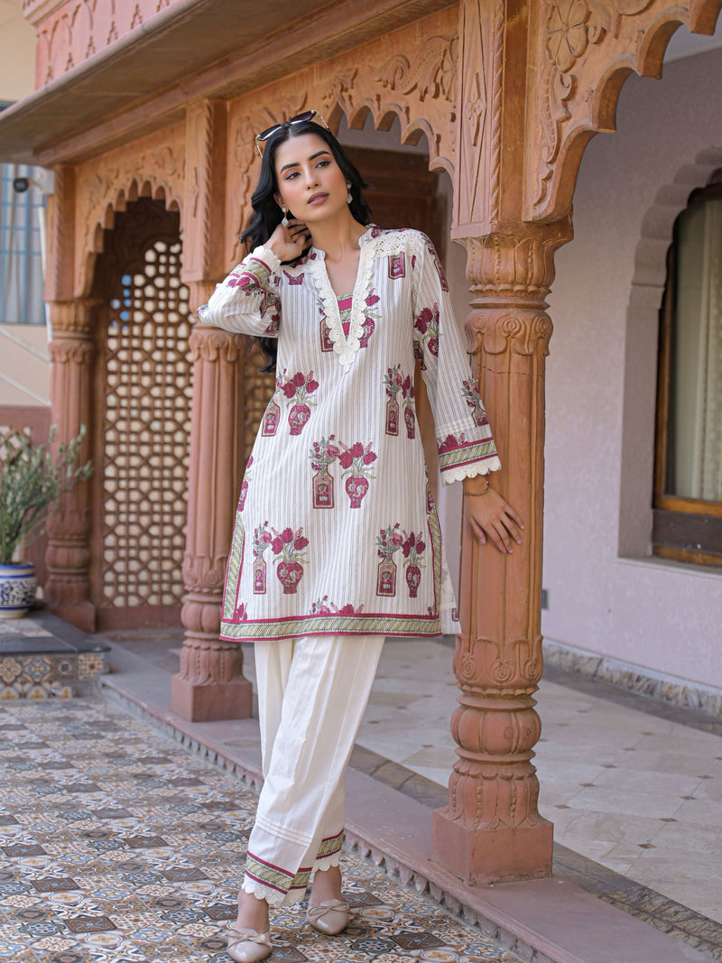 ROSE IVORY HERITAGE LACE WORK PURE COTTON FARSHI CO-ORD SET
