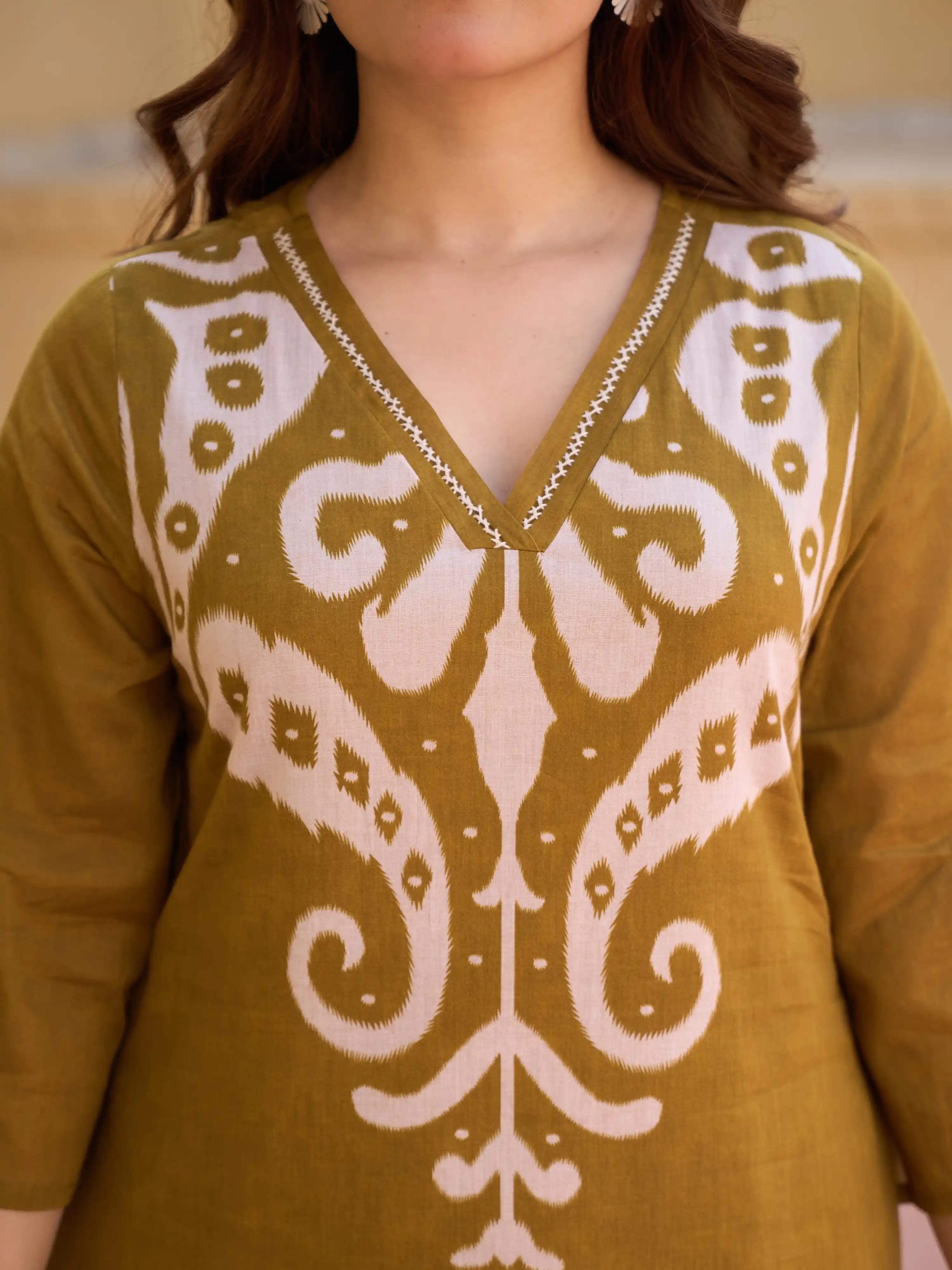 OLIVE HERITAGE EMBROIDERED PURE MUL COTTON KURTA SET