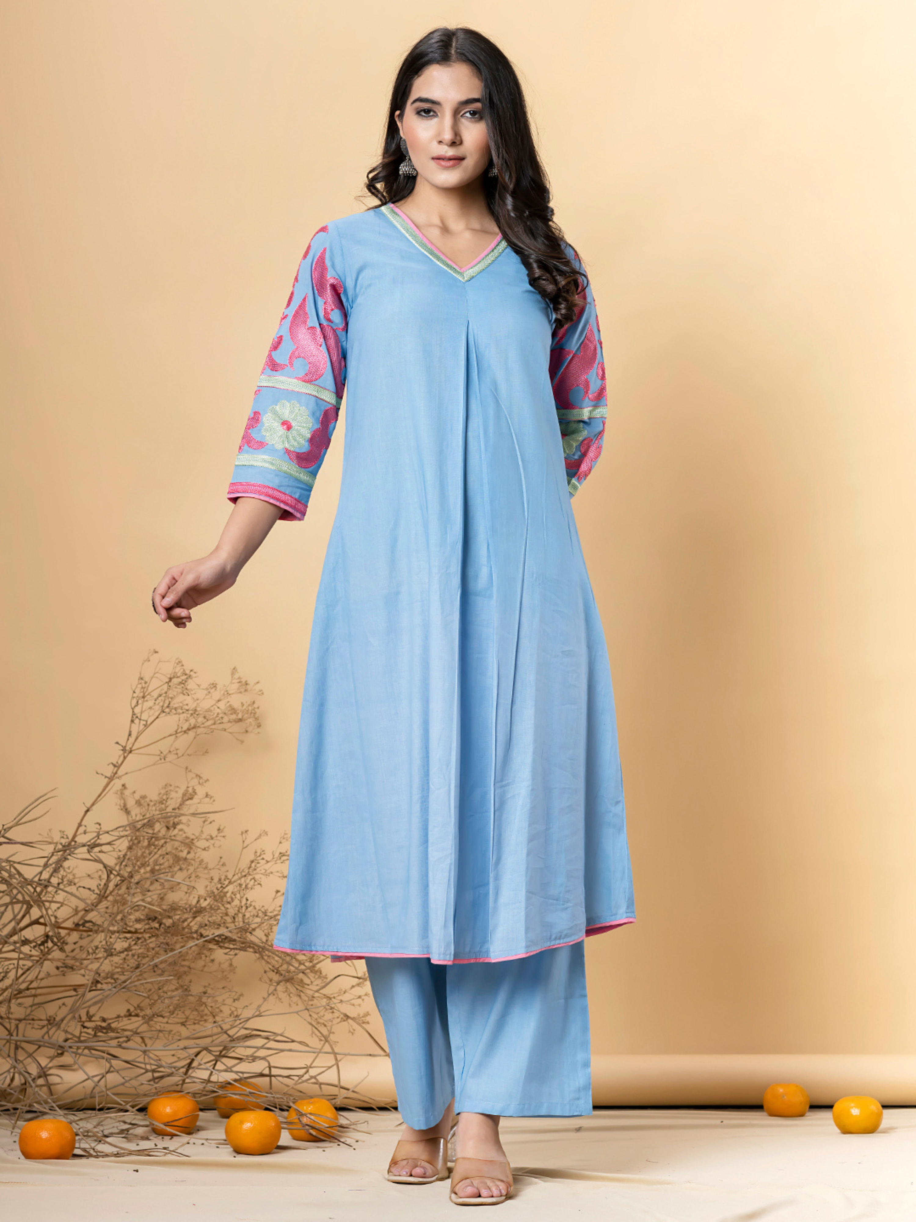 SKY BLUE EMBROIDERED A-LINE KURTA SET