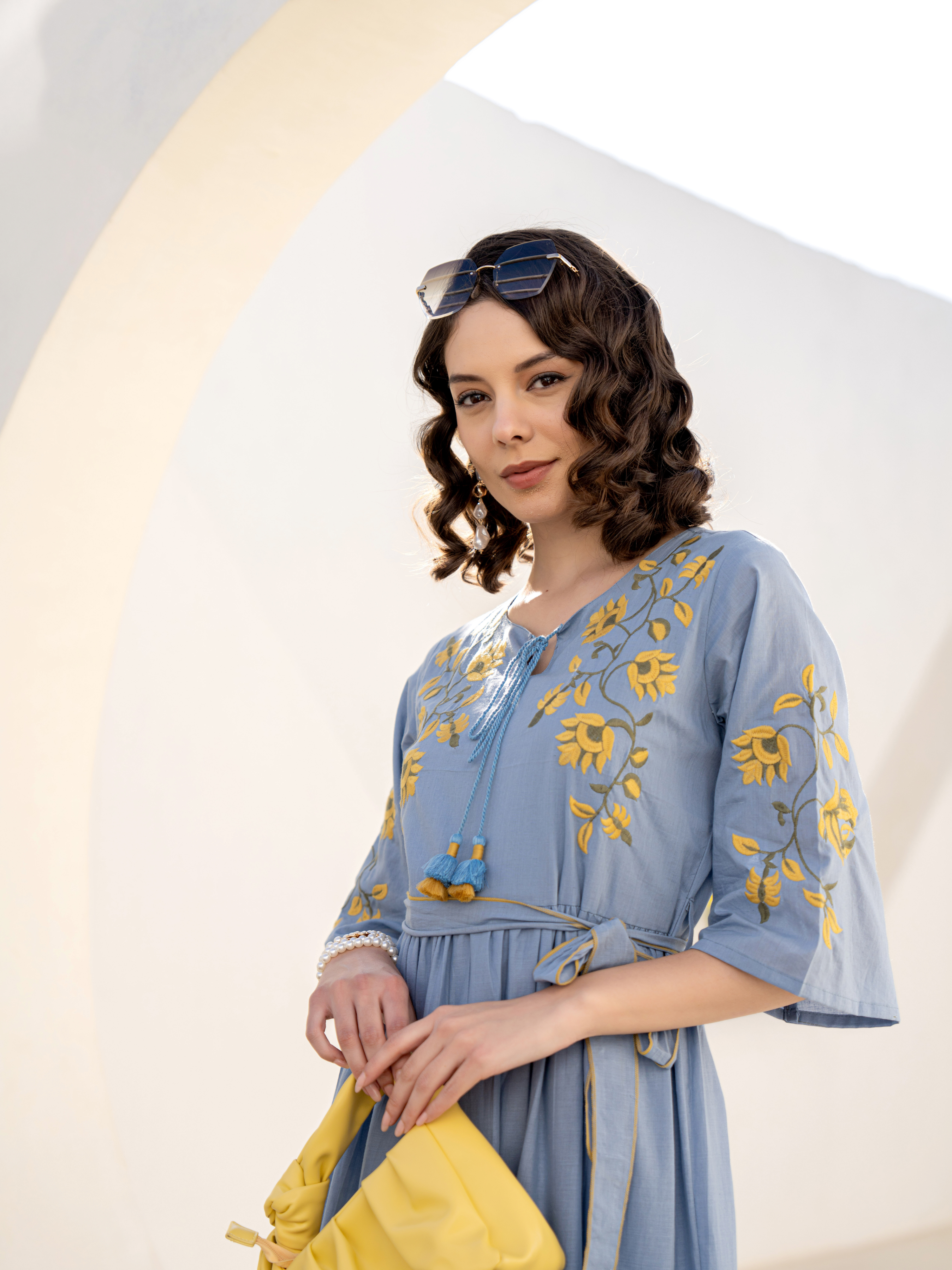 ZEHRA BLUE SUNFLOWER THREADWORK DRESS