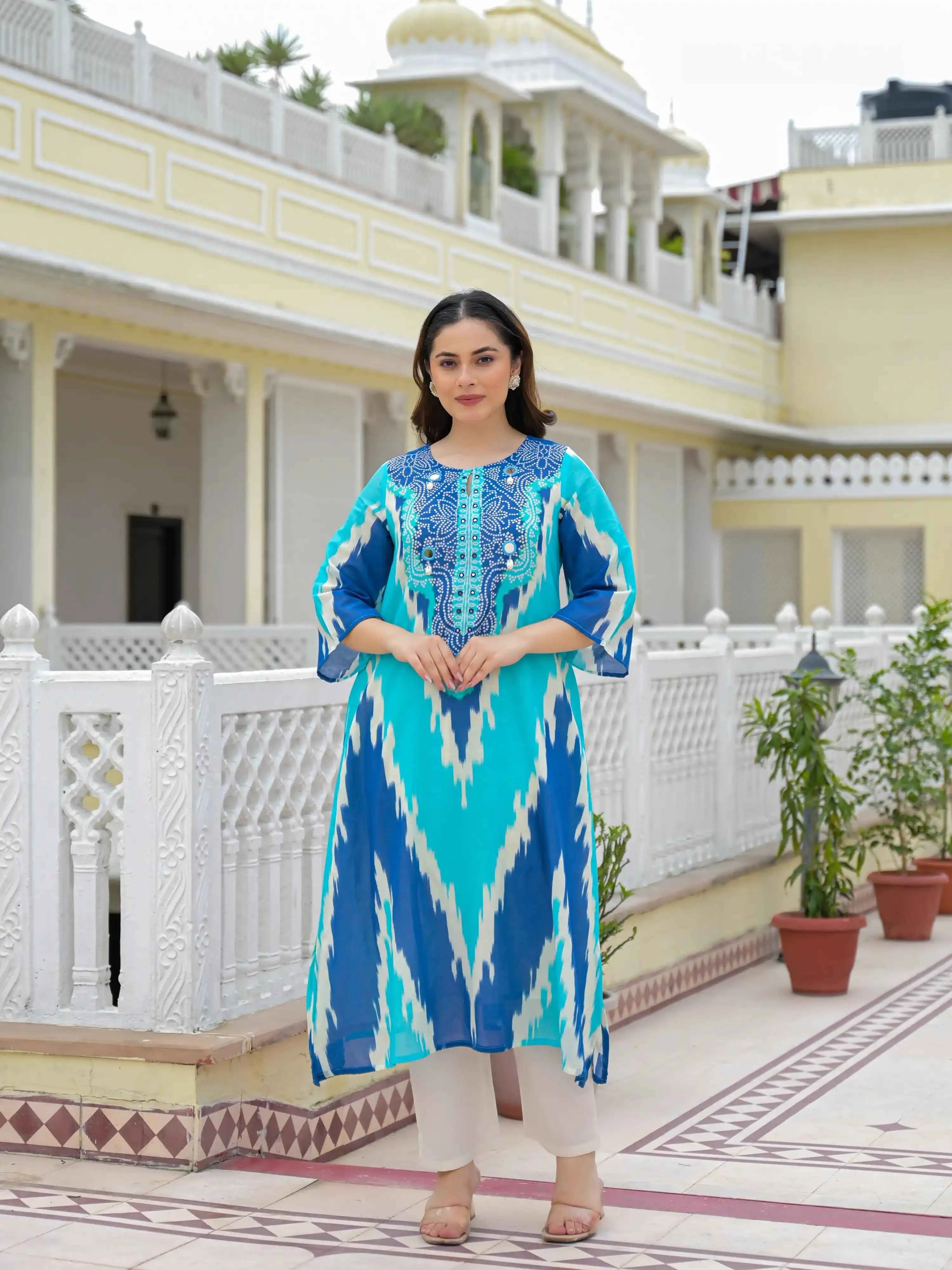 BLUE & TURQUOISE BANDHANI PRINT PURE COTTON KURTA SET