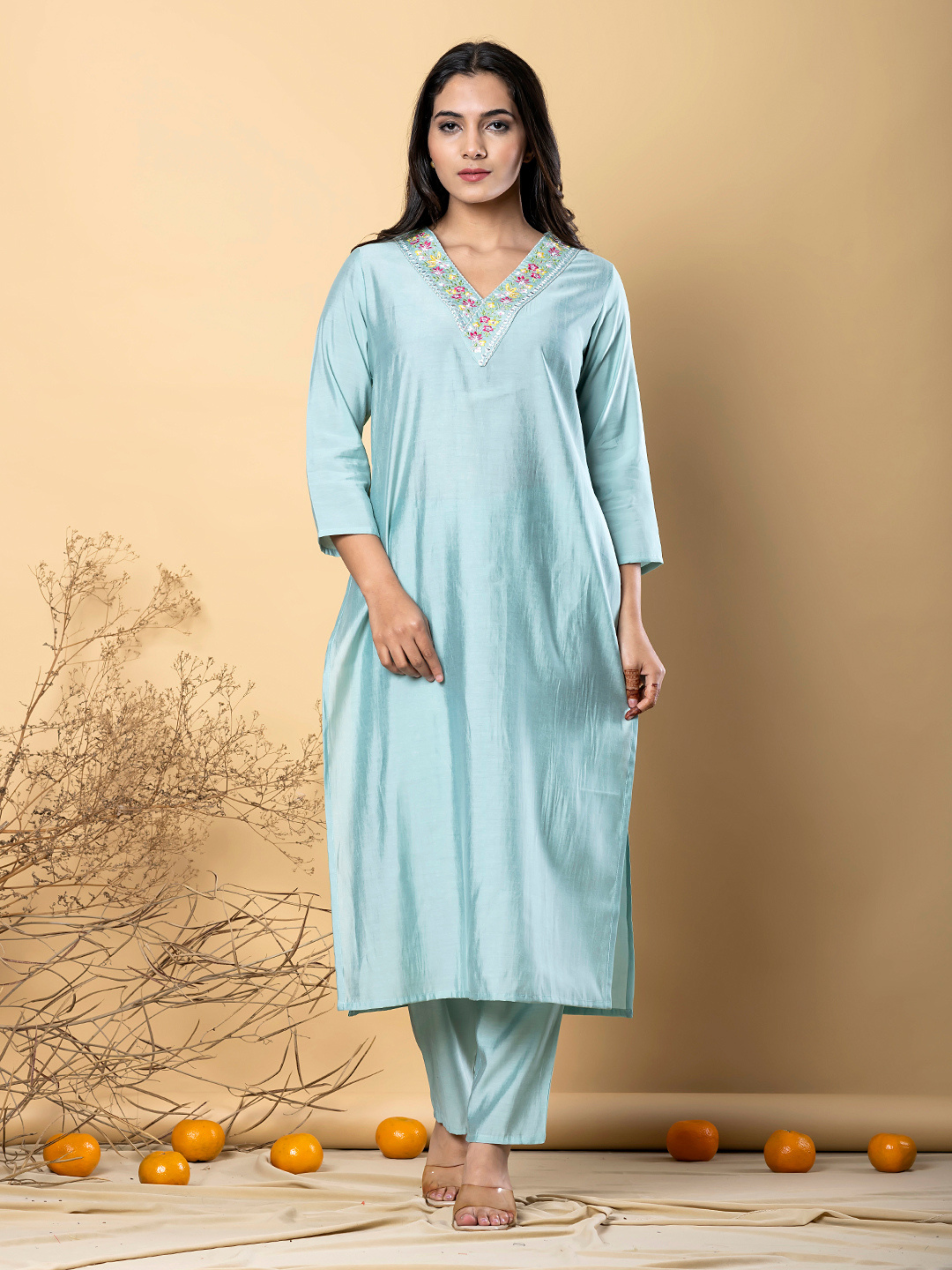 PASTEL SEA GREEN V-NECK EMBROIDERED KURTA SET