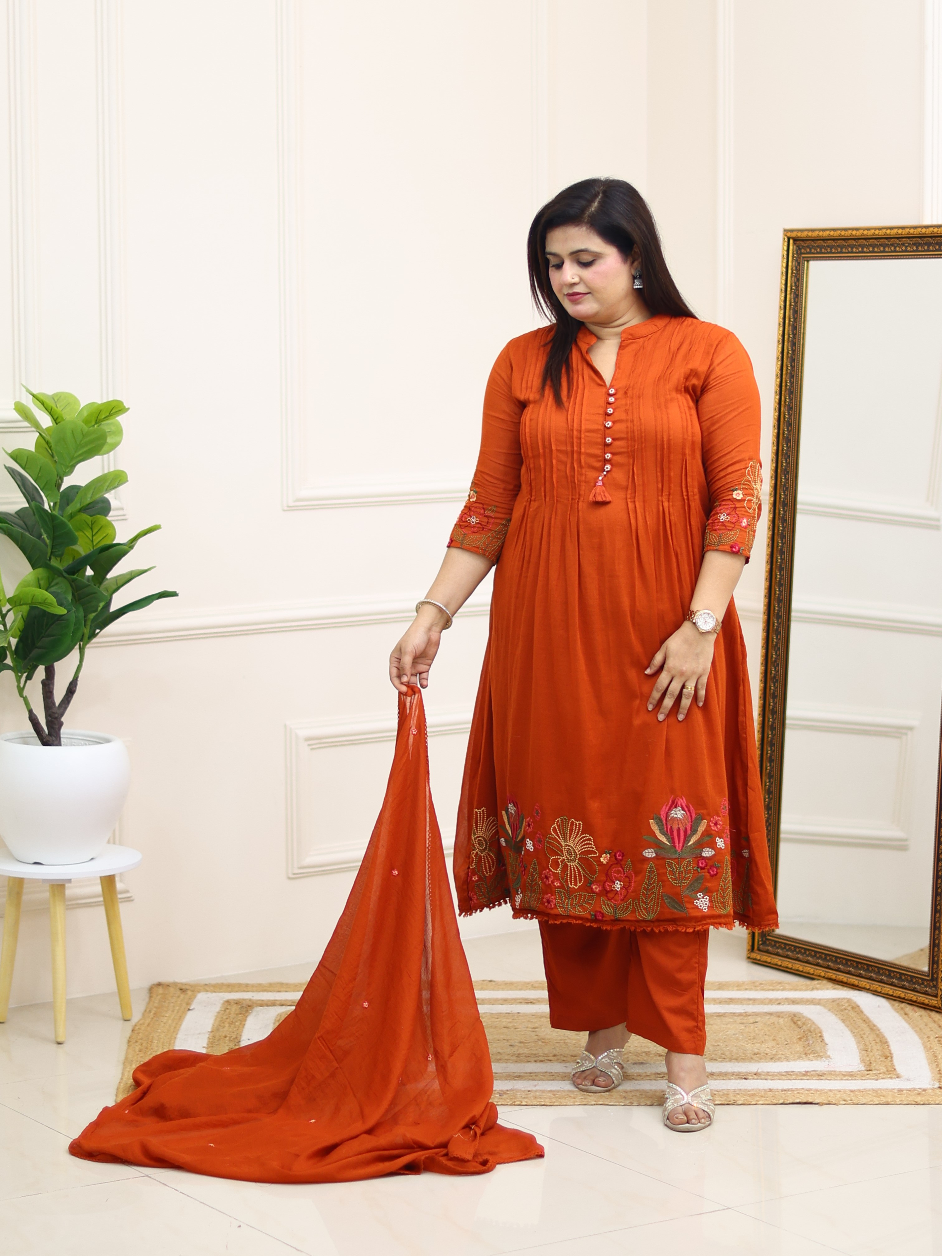 RUST ORANGE EMBROIDERED SUIT SET