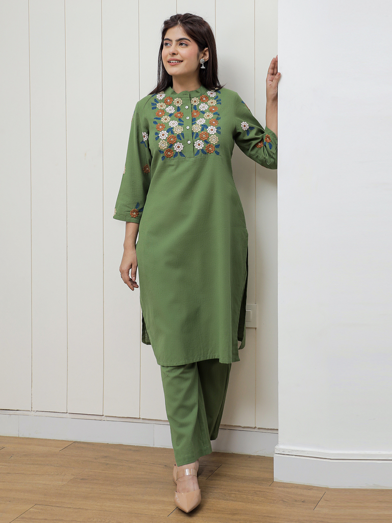 AUGUSTA GREEN EMBEROIDERED KURTA SET