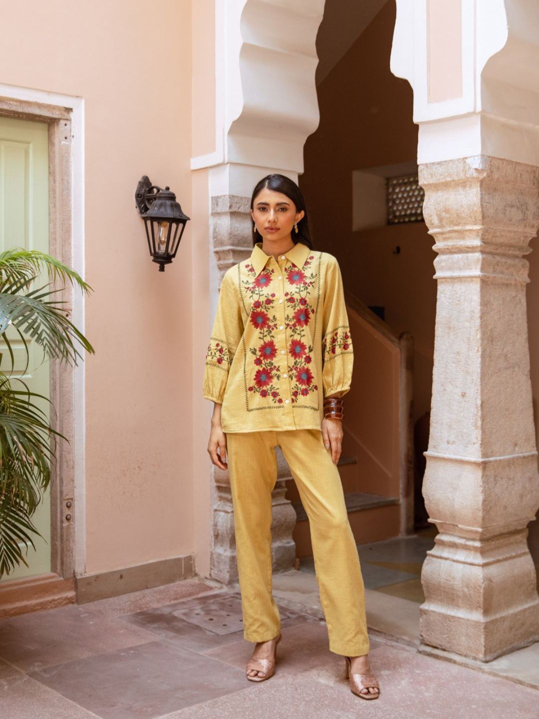 VEENA  YELLOW FLORENZA EMBROIDERED CO-ORD SET
