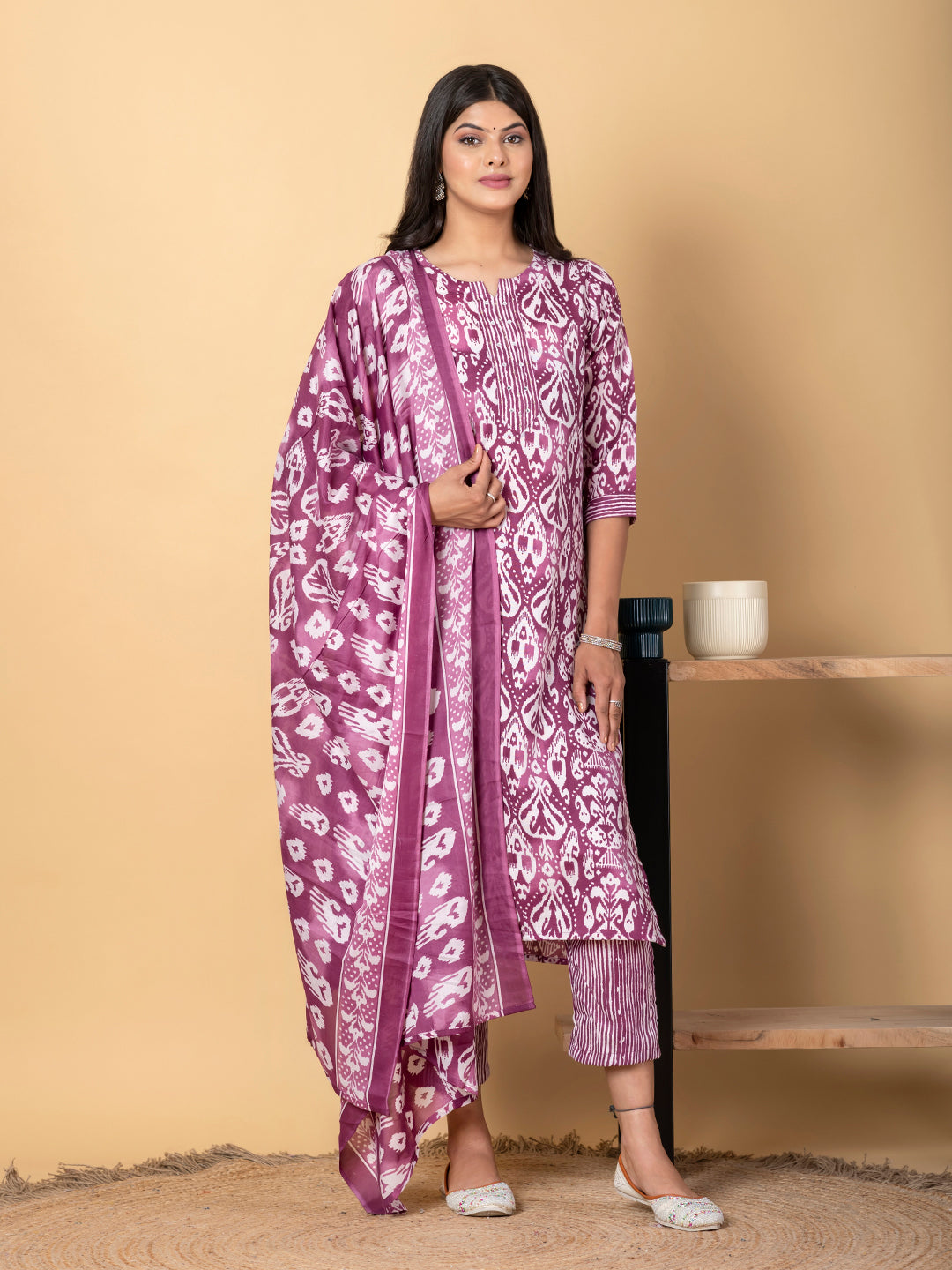 MAGENTA IKAT PRINTED SUIT SET