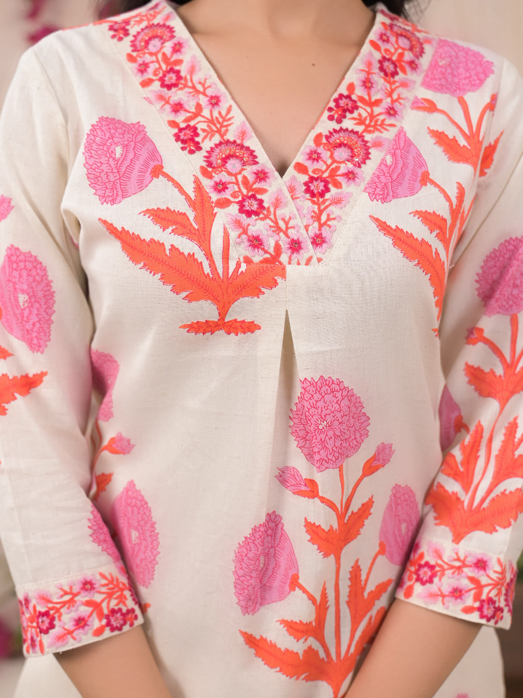 IVORY V-NECK EMBROIDERY COTTON PRINTED KURTA SET