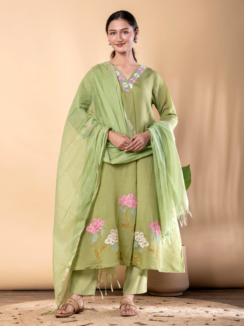 PISTA BLISS FLORAL EMBROIDERY MUL CHANDERI SUIT SET