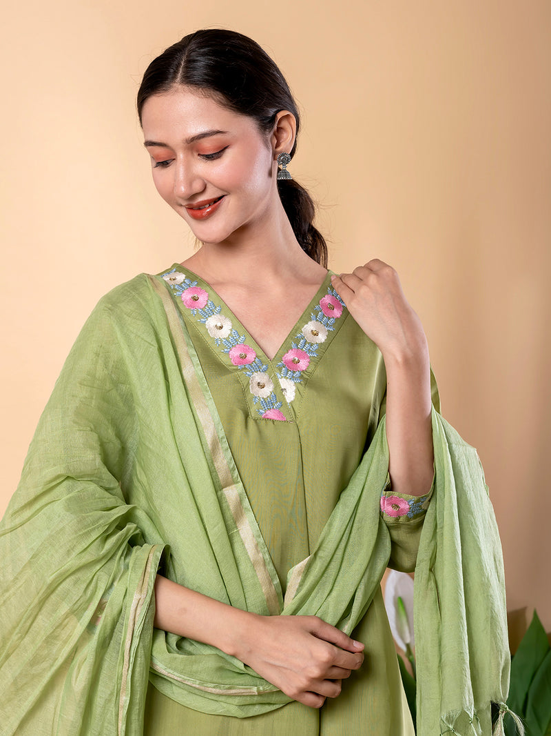 PISTA BLISS FLORAL EMBROIDERY MUL CHANDERI SUIT SET