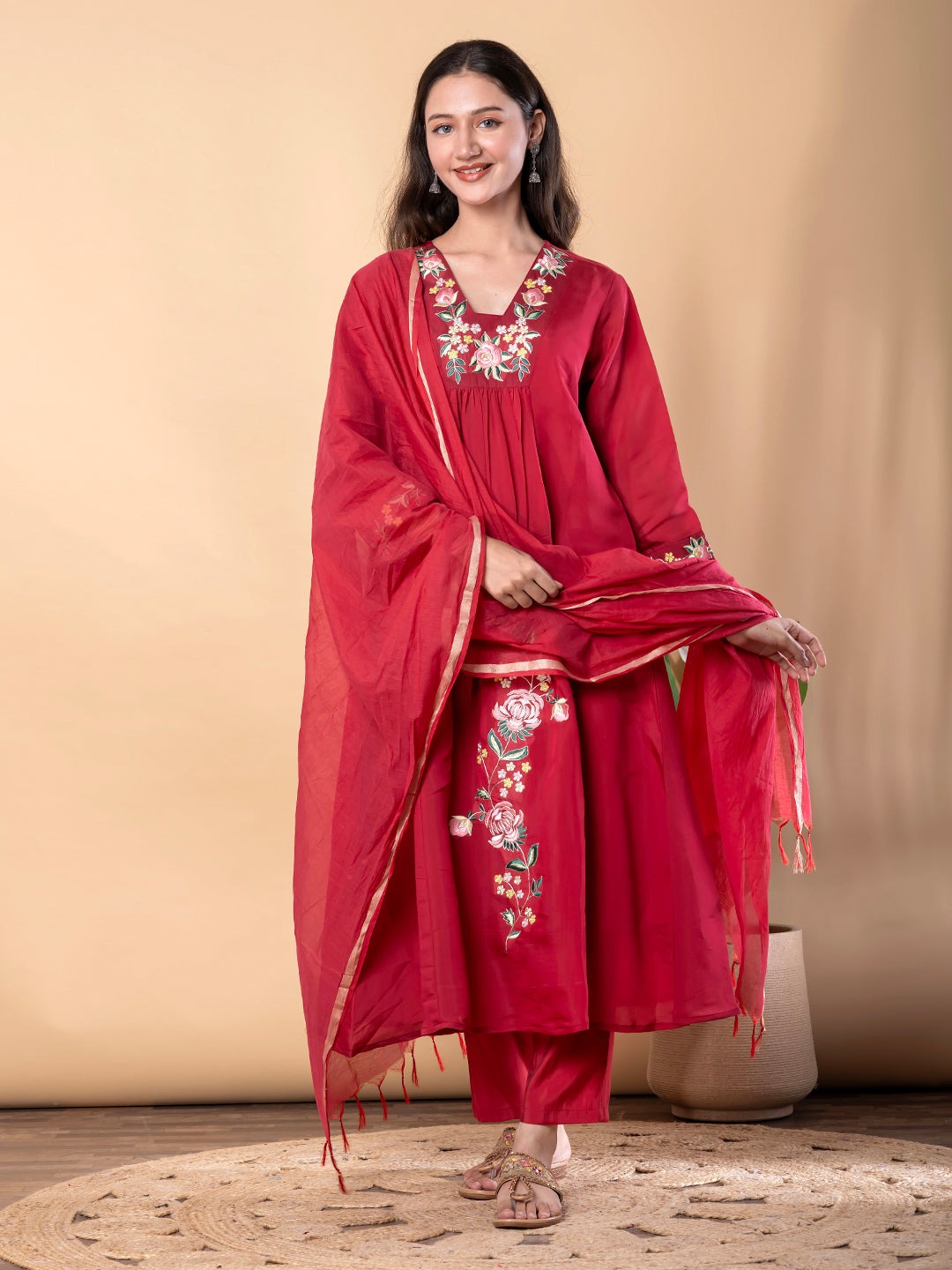 GULNAAR RED FLORAL EMBROIDERED FESTIVE SUIT SET