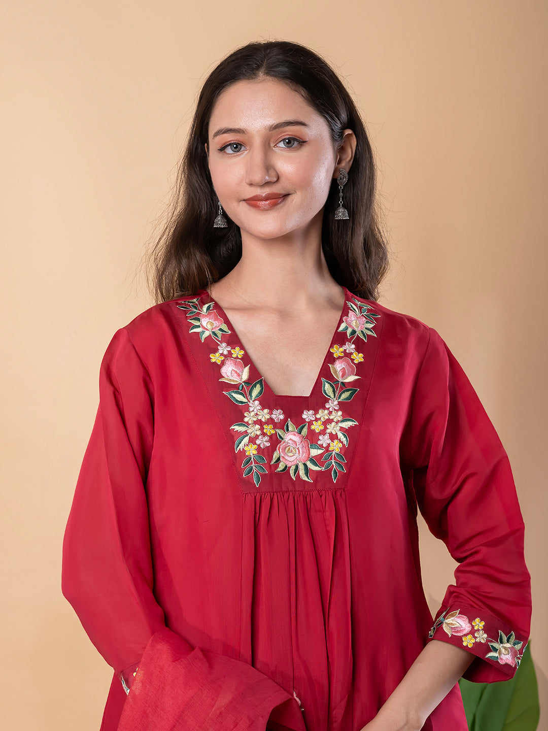 GULNAAR RED FLORAL EMBROIDERED FESTIVE SUIT SET