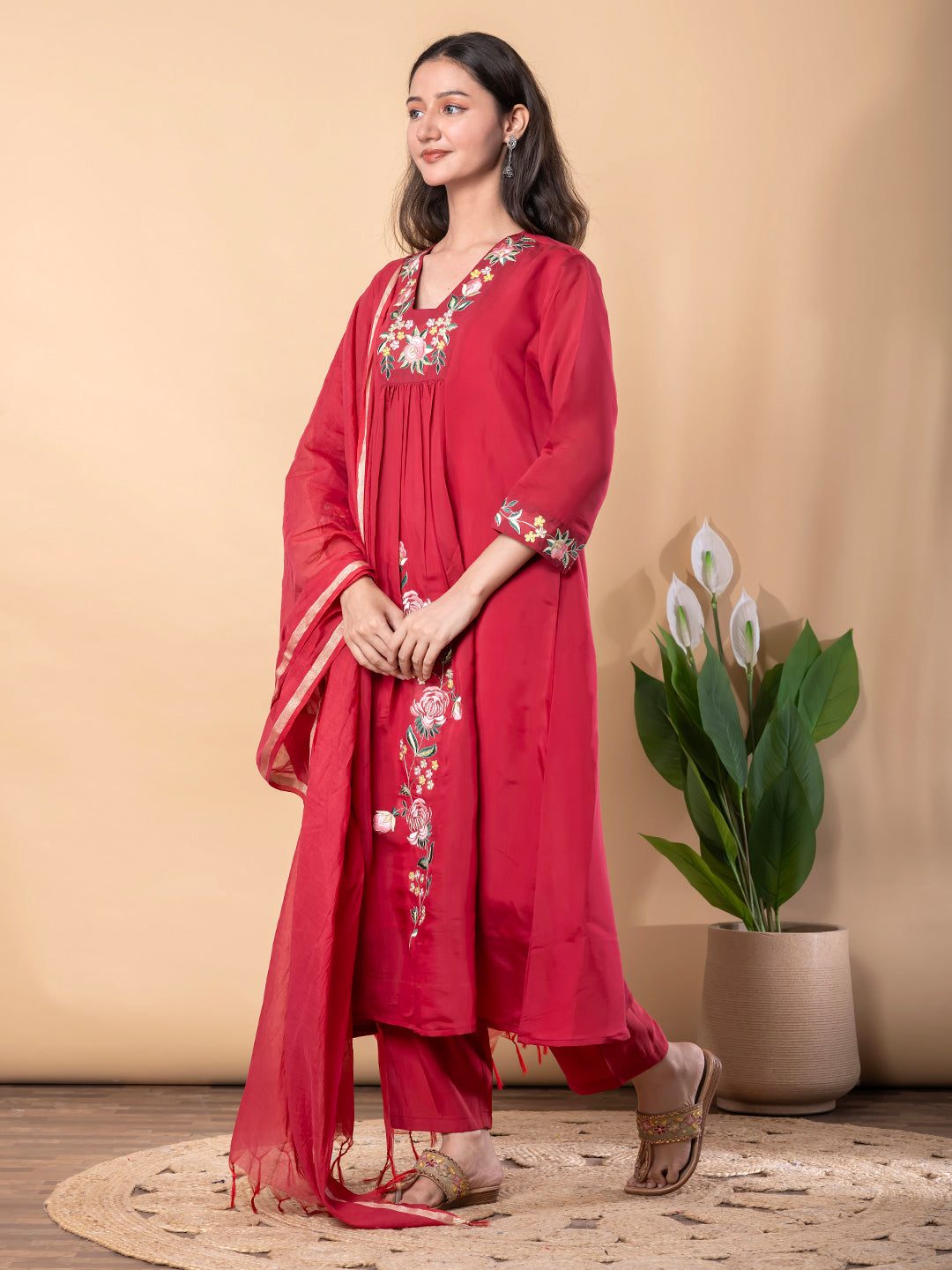 GULNAAR RED FLORAL EMBROIDERED FESTIVE SUIT SET
