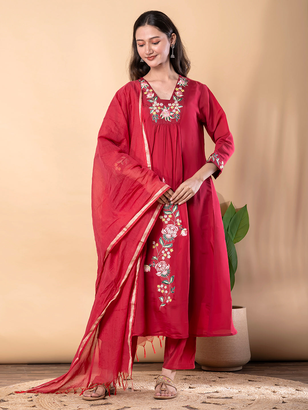 GULNAAR RED FLORAL EMBROIDERED FESTIVE SUIT SET