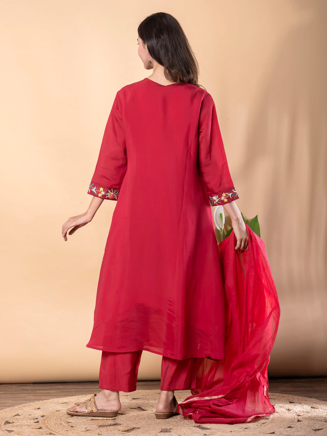 GULNAAR RED FLORAL EMBROIDERED FESTIVE SUIT SET