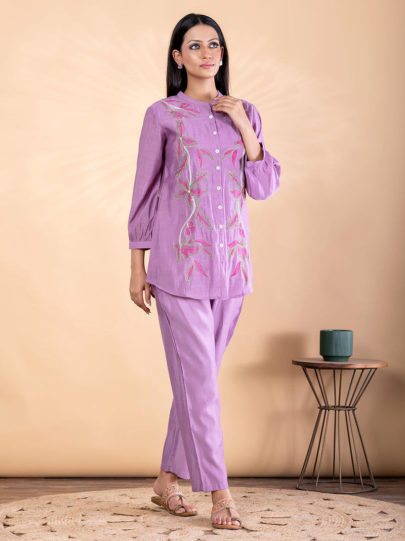 PINK BLOSSOM THREADWORK MUL CHANDERI CO-ORD SET