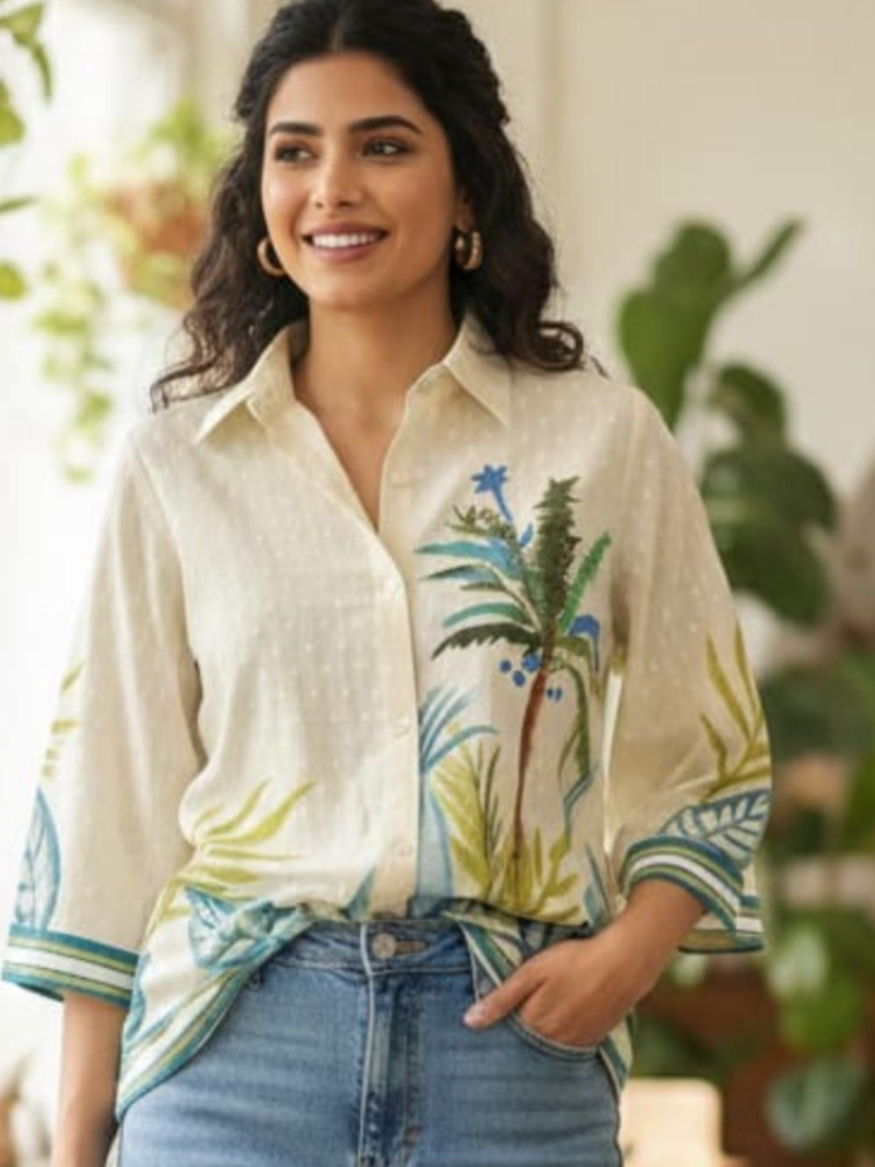 SUNNY PALM PRINTED LINEN COTTON SHIRT TOP