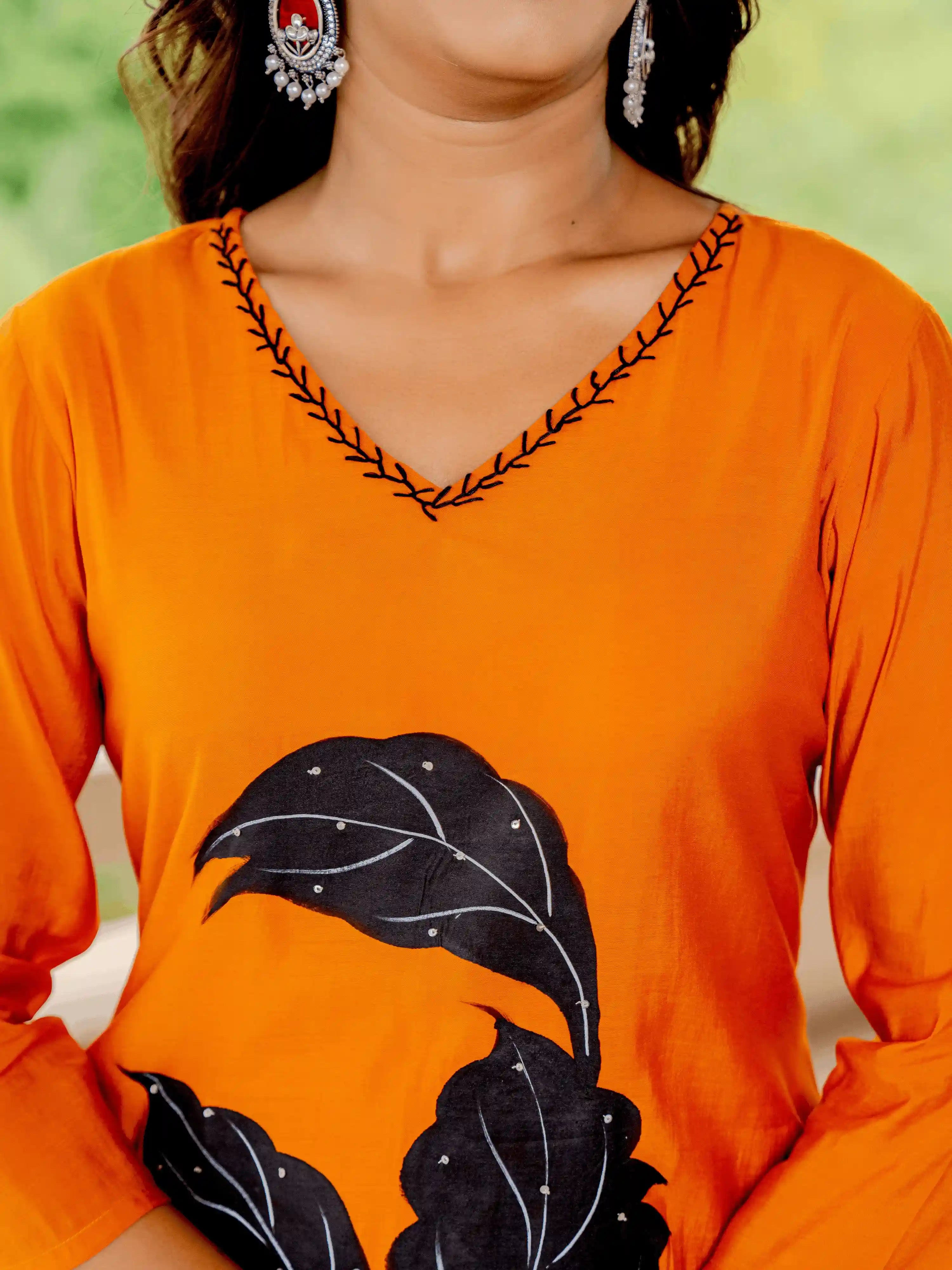BRIGHT ORANGE FLORAL HAND PAINT SUIT SET