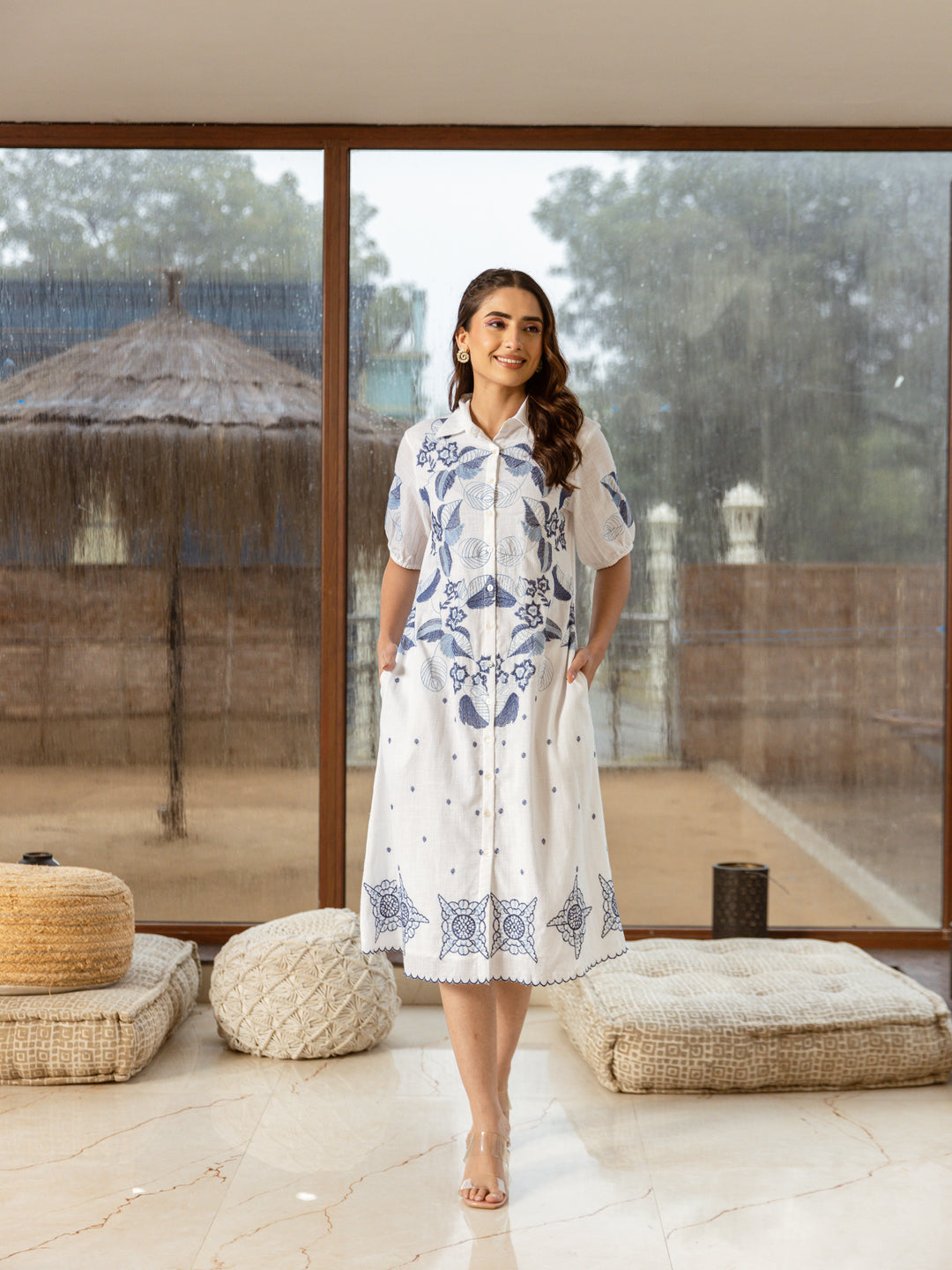 ROSE ELEGANT WHITE COTTON MIDI DRESS WITH BLUE THREADWORK