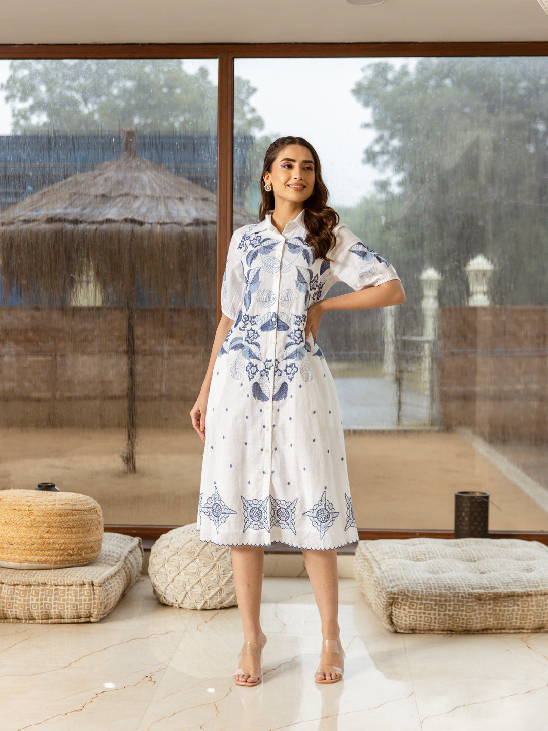 ROSE ELEGANT WHITE COTTON MIDI DRESS WITH BLUE THREADWORK