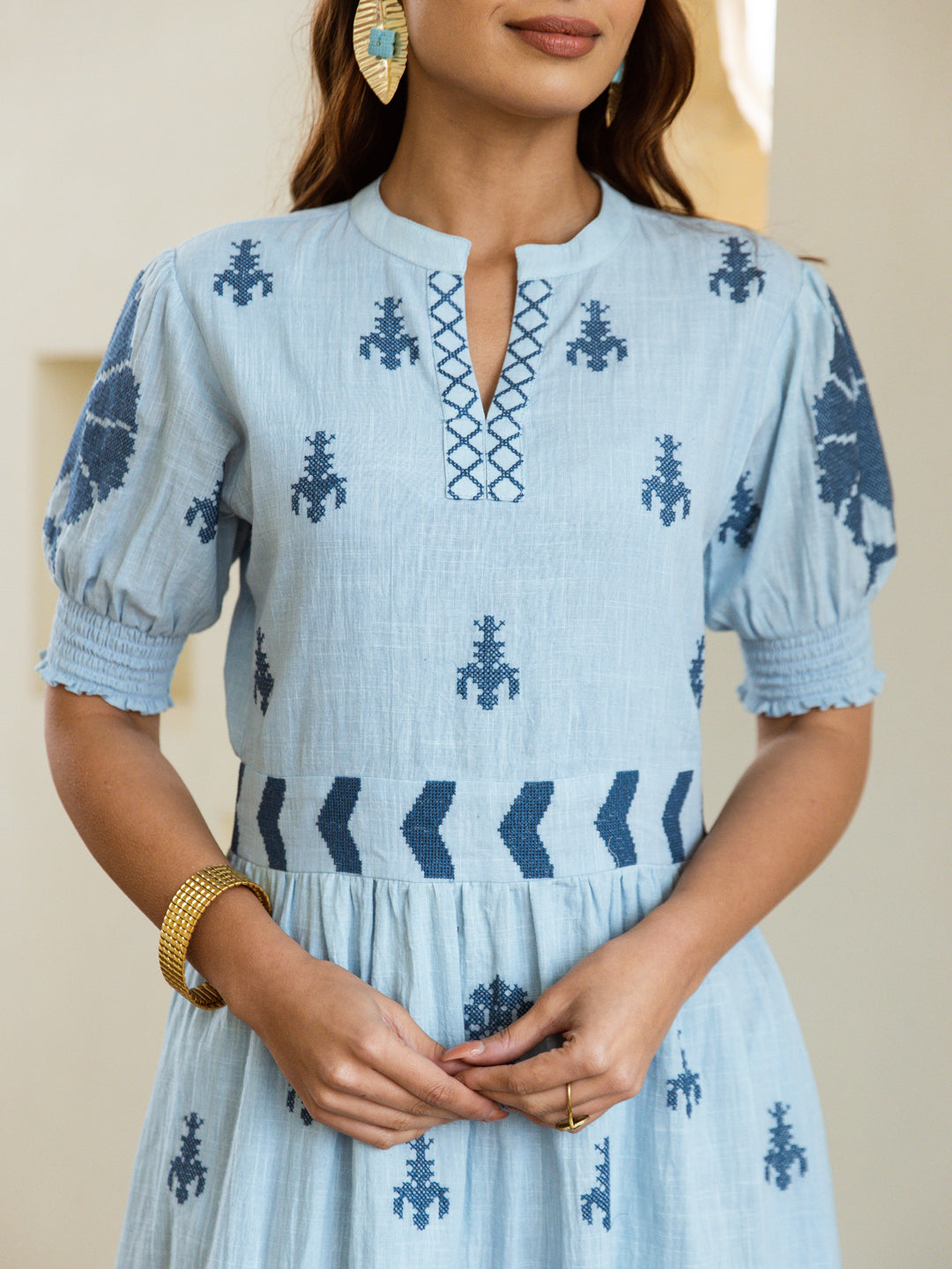 AUTUMN SKY BLUE EMBROIDERED DRESS