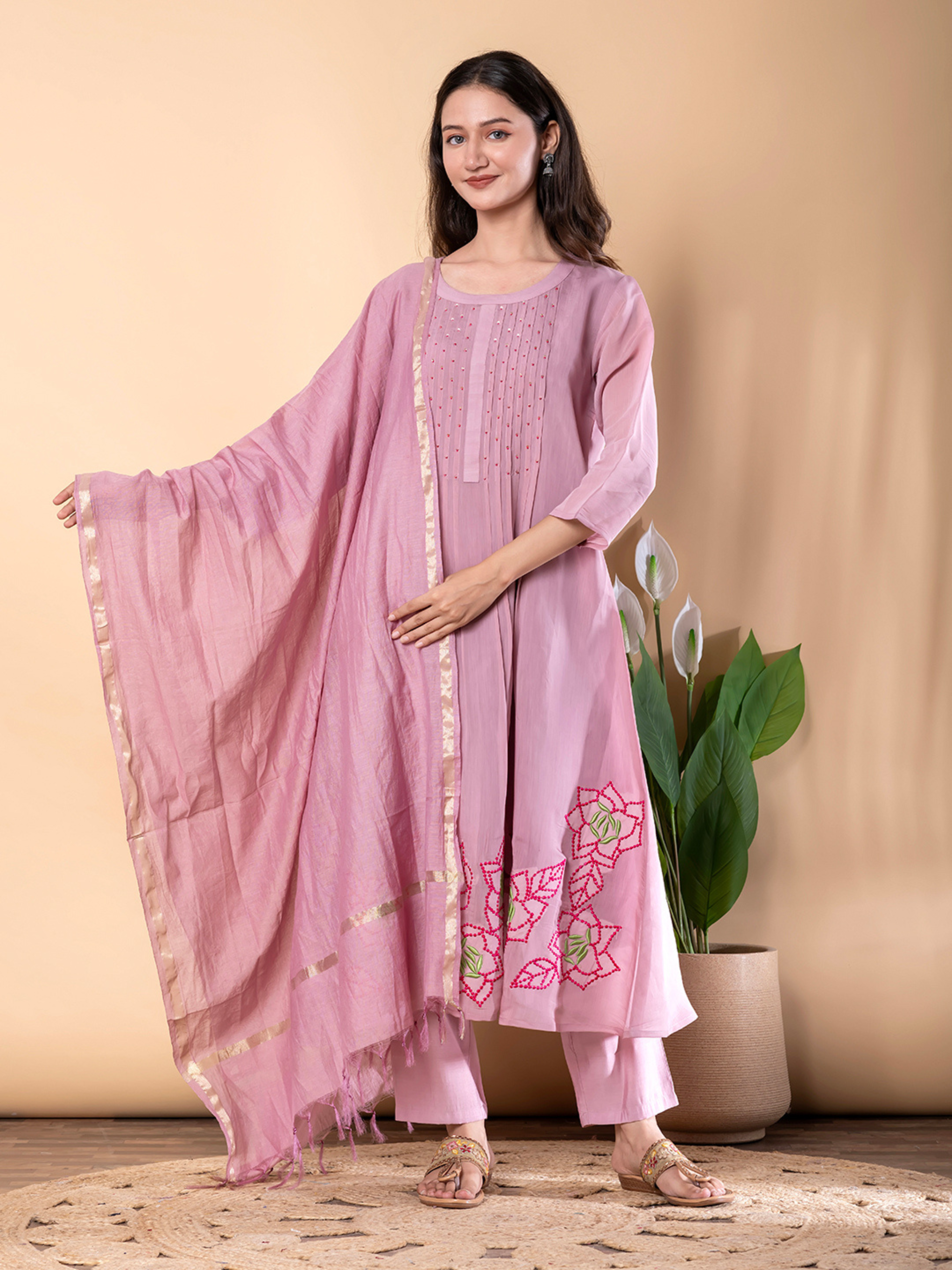 ELEGANT DUSTY PINK FLORAL EMBROIDERED SUIT SET