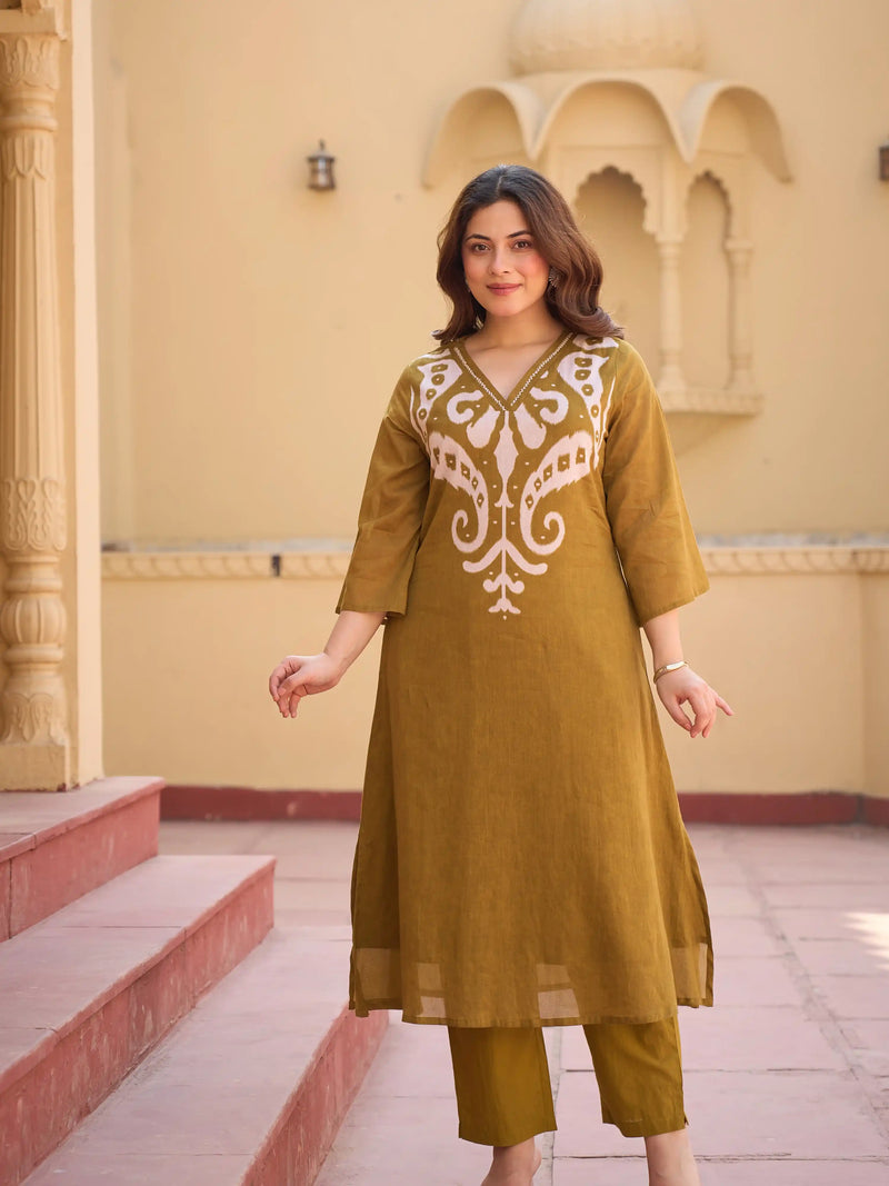OLIVE HERITAGE EMBROIDERED PURE MUL COTTON KURTA SET